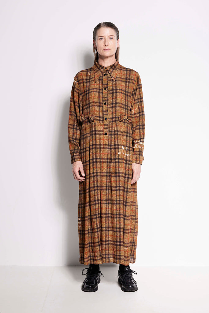La Rosa Dress - Full length long sleeve collared dress in brown check