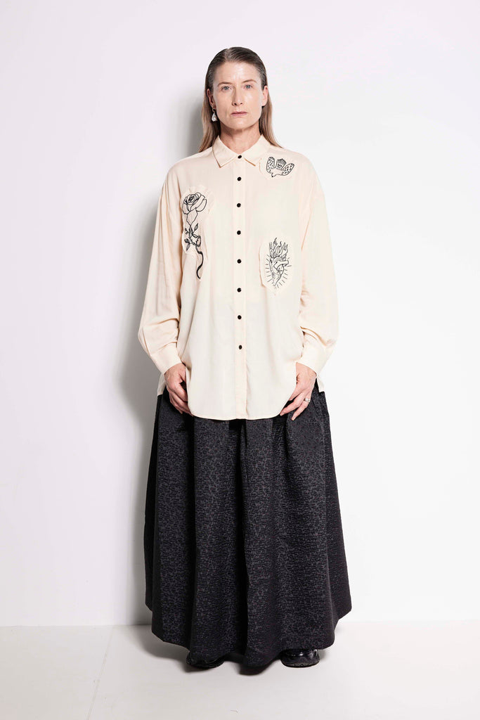Compass Rose Shirt - Unisex button up shirt in cream with black embroidery