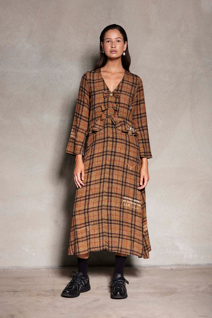 Bow Tie Dress - Full length V-neck flute sleeve dress