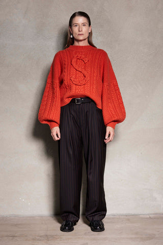 CABLE S JUMPER - FIRE RED CHUNKY WOOL KNIT JUMPER WITH WIDE SLEEVES