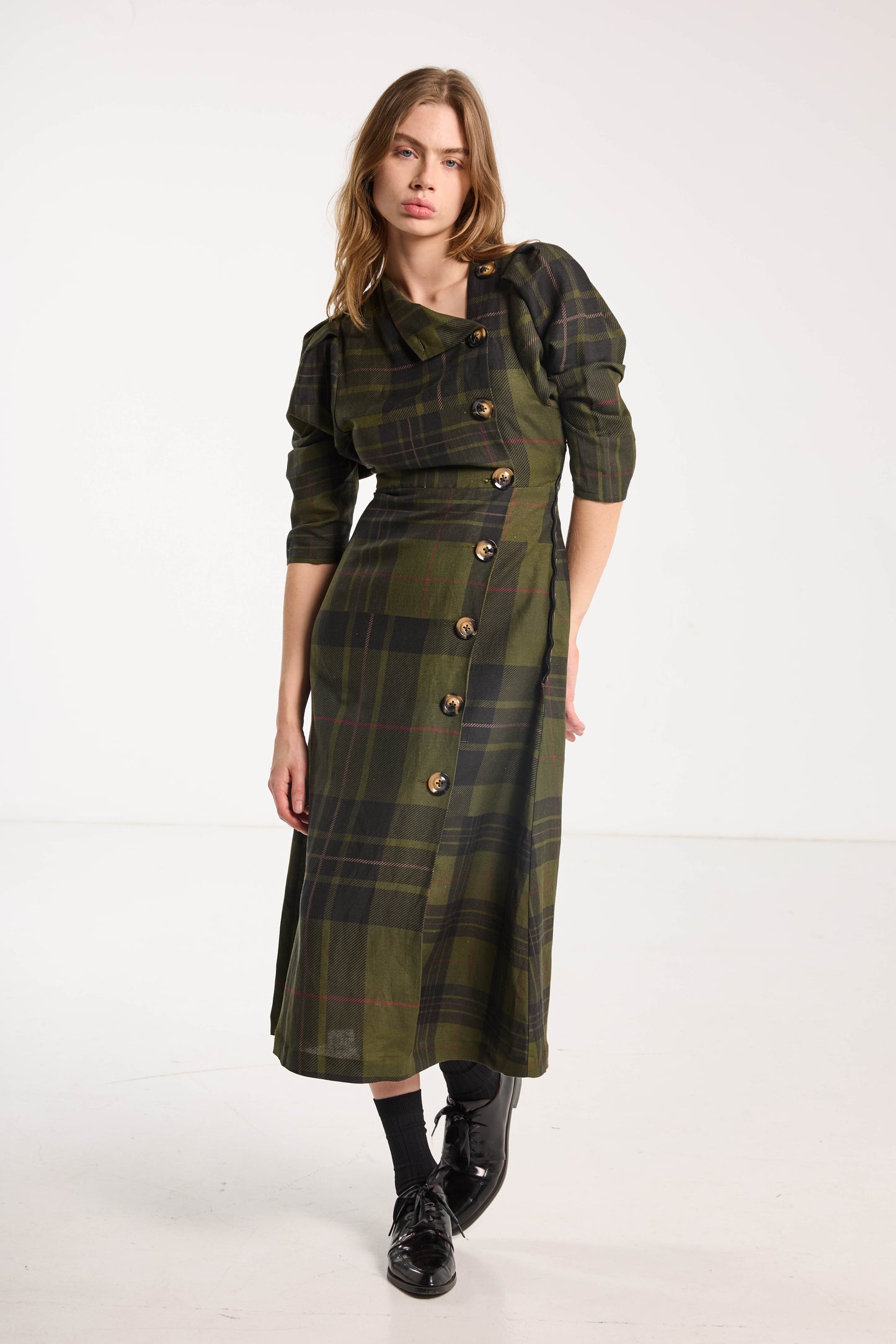 Beloved Button Dress - Forest Green Check Linen