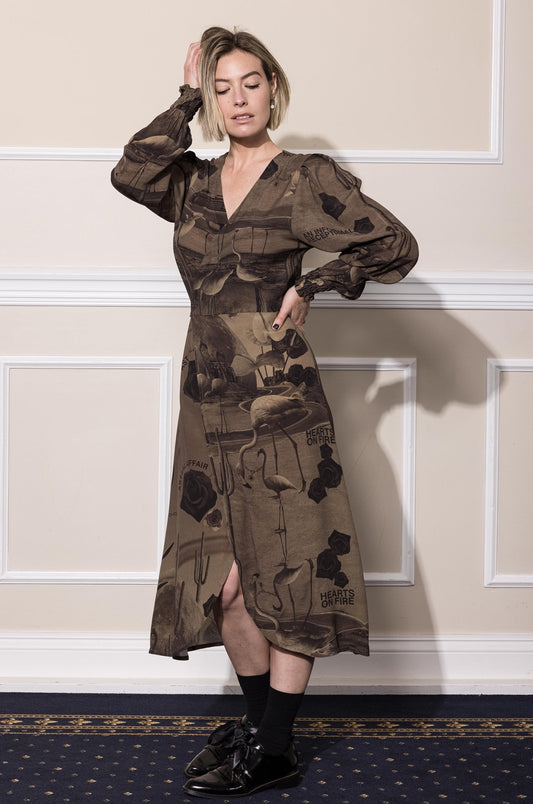 HEARTS ON FIRE WRAP DRESS - CHOCOLATE PRINT