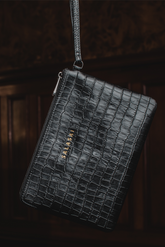 CLUTCH AND CARD HOLDER - BLACK ETHICAL CROC LEATHER