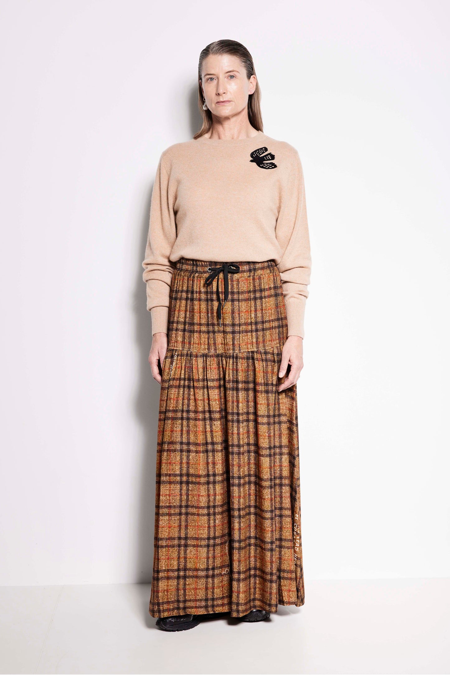 La Estrella Skirt - Tiered full length skirt in brown check