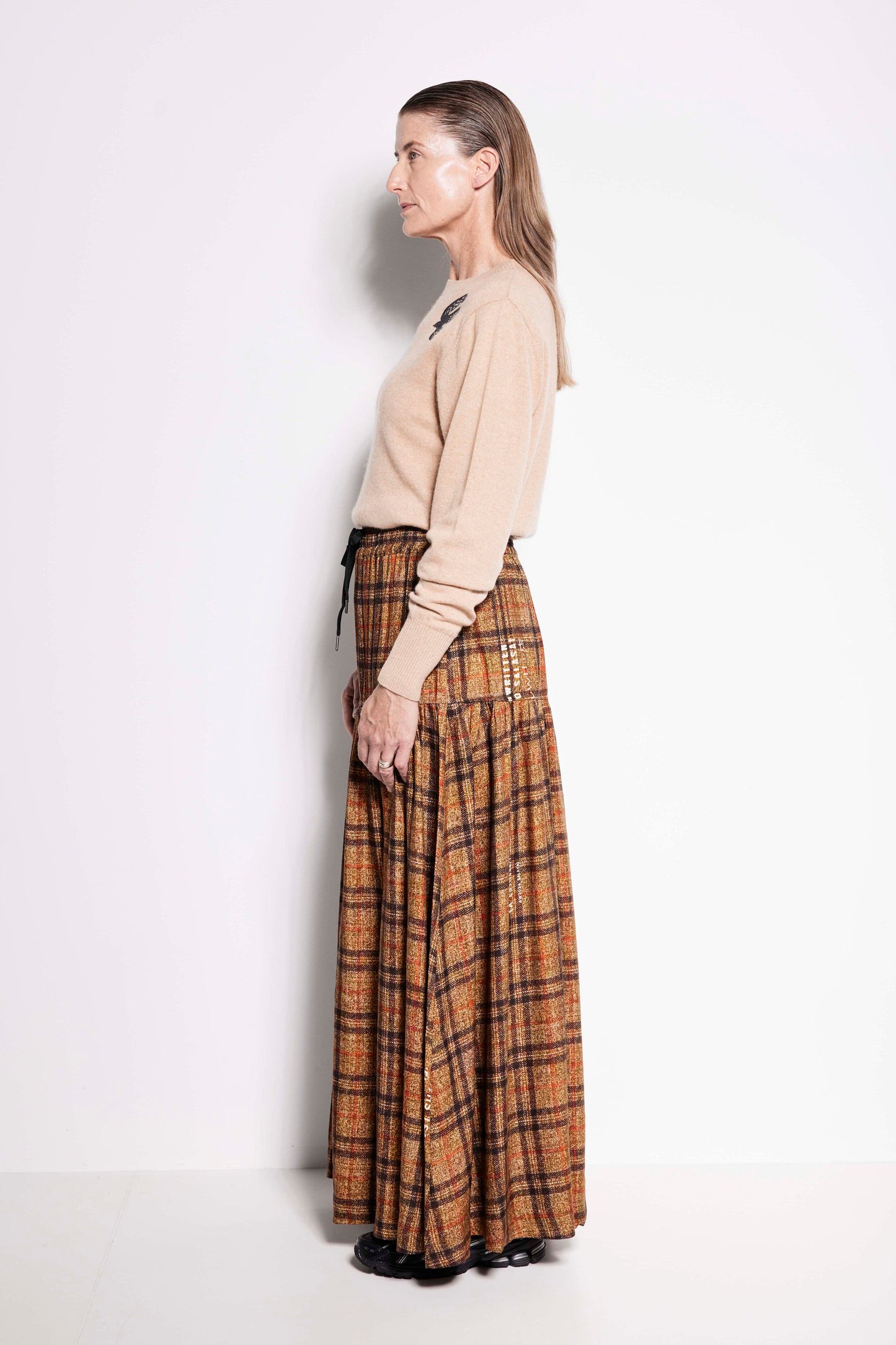 La Estrella Skirt - Tiered full length skirt in brown check