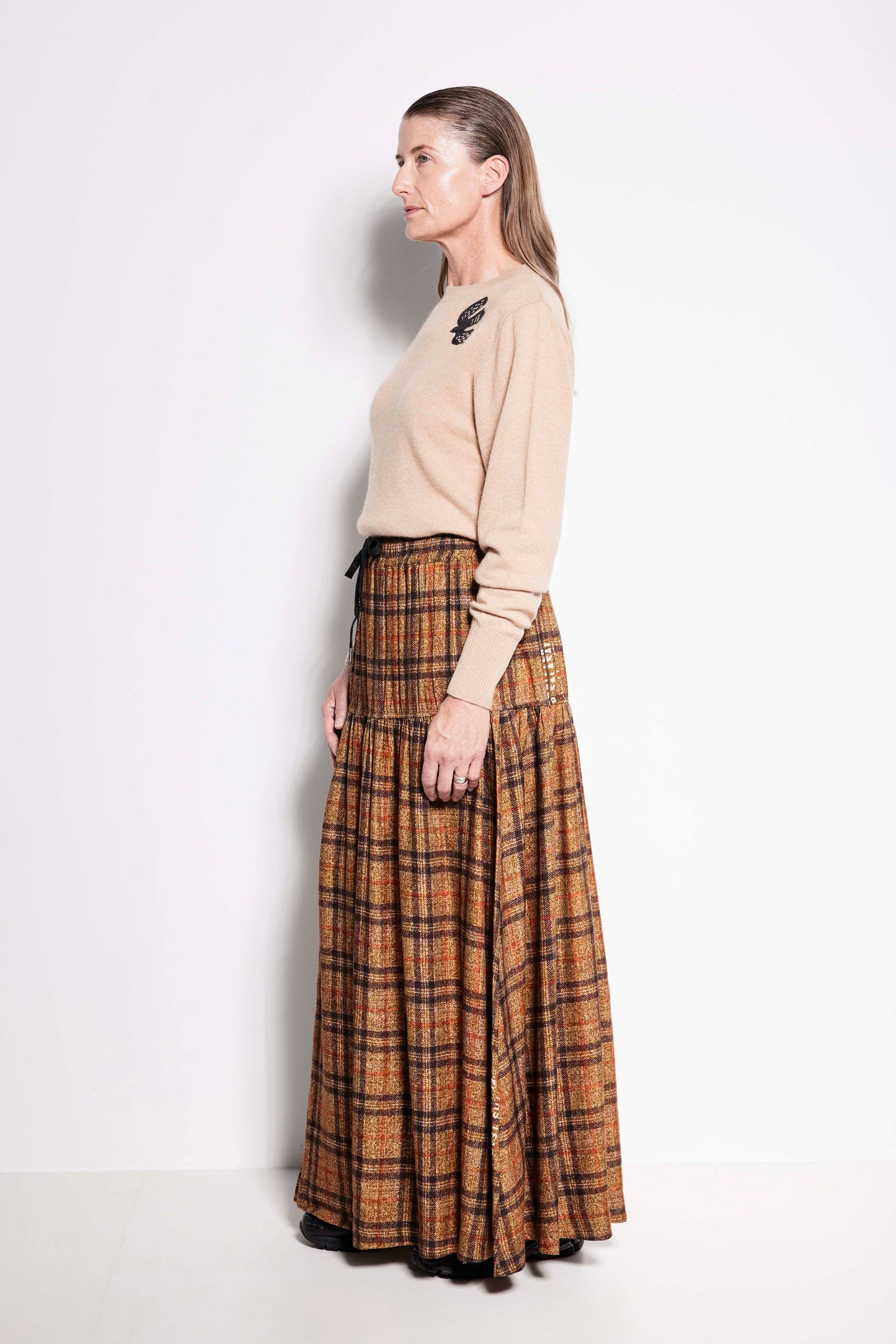 La Estrella Skirt - Tiered full length skirt in brown check