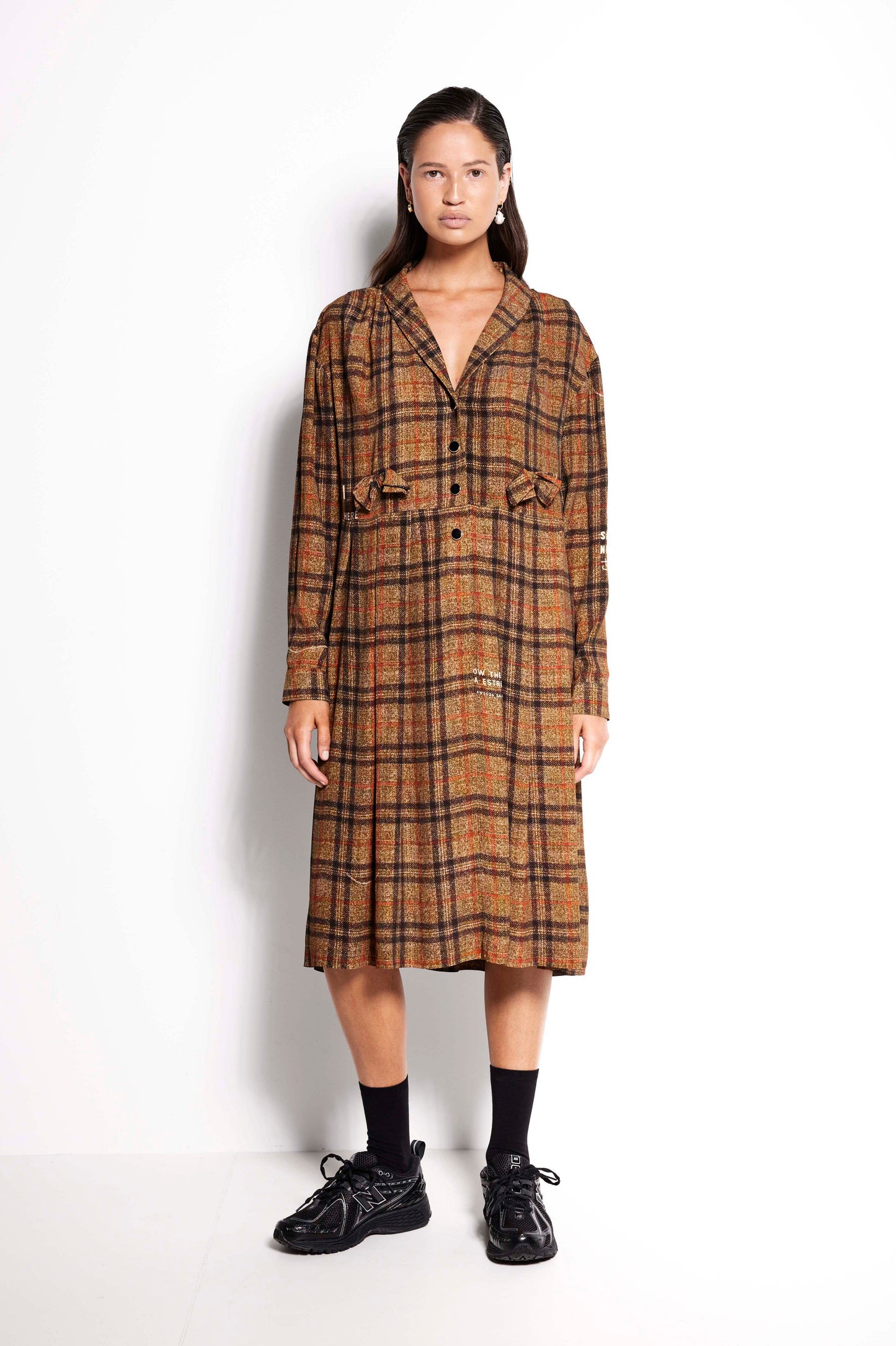 La Luna Tee Dress - Mid length long sleeve dress in brown check