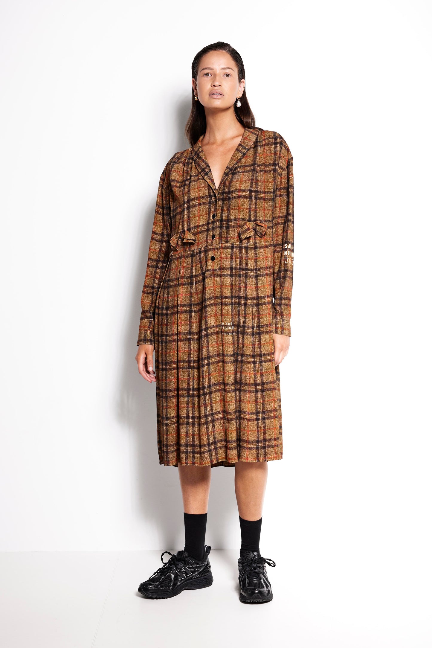 La Luna Tee Dress - Mid length long sleeve dress in brown check