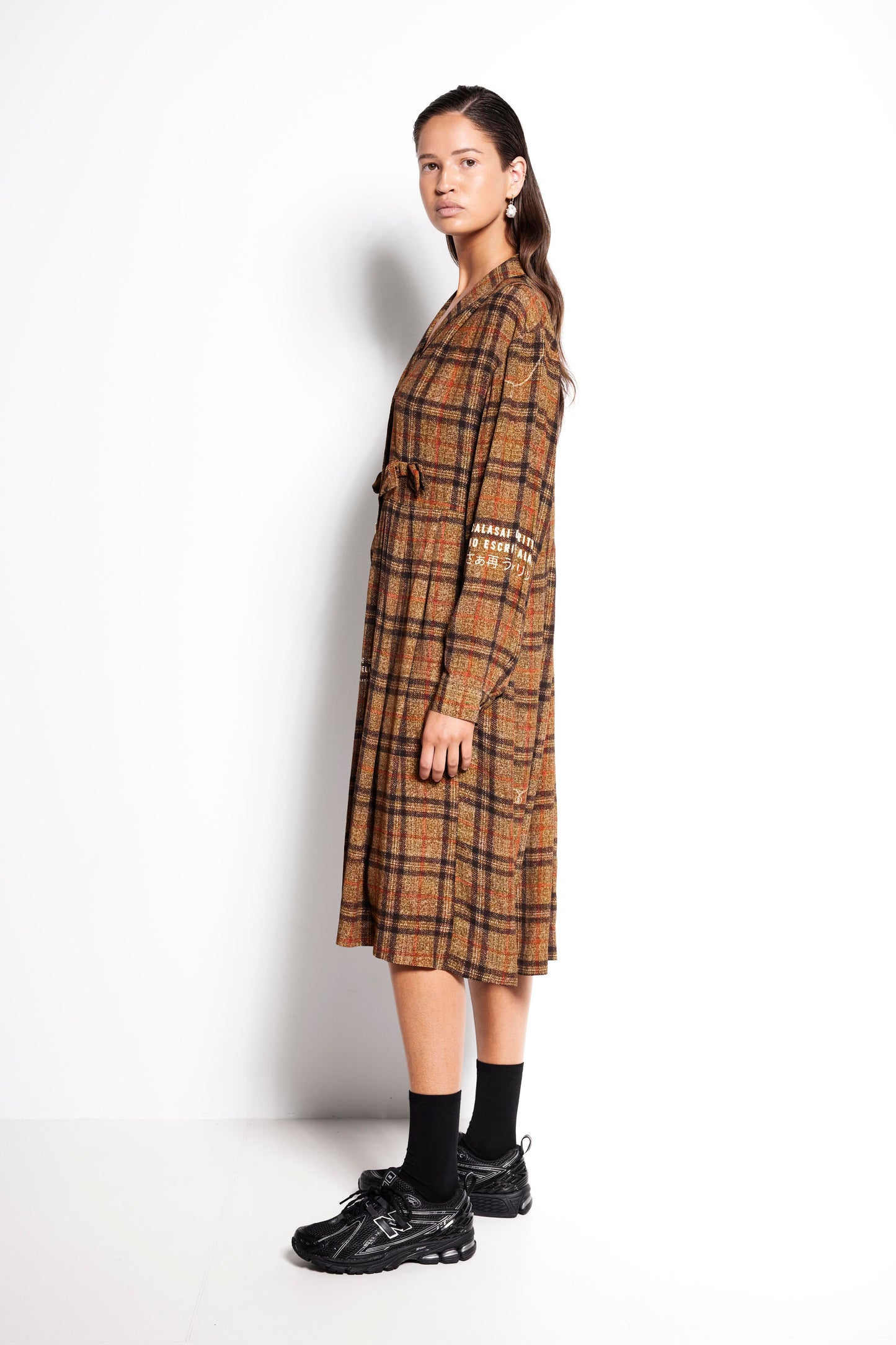 La Luna Tee Dress - Mid length long sleeve dress in brown check
