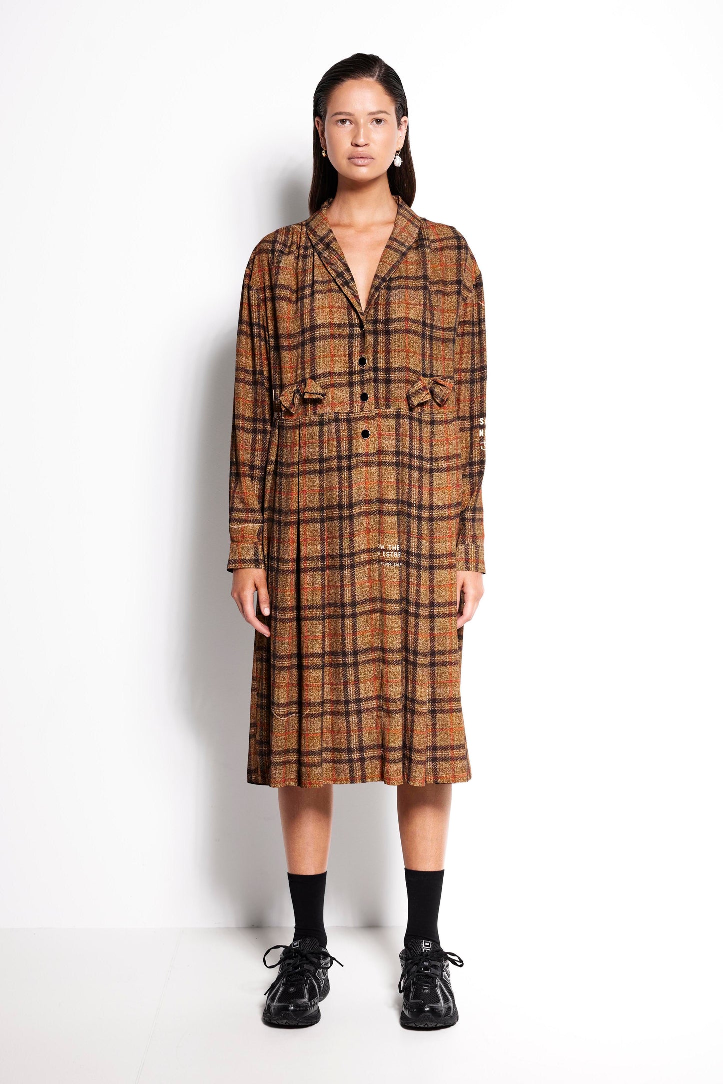 La Luna Tee Dress - Mid length long sleeve dress in brown check