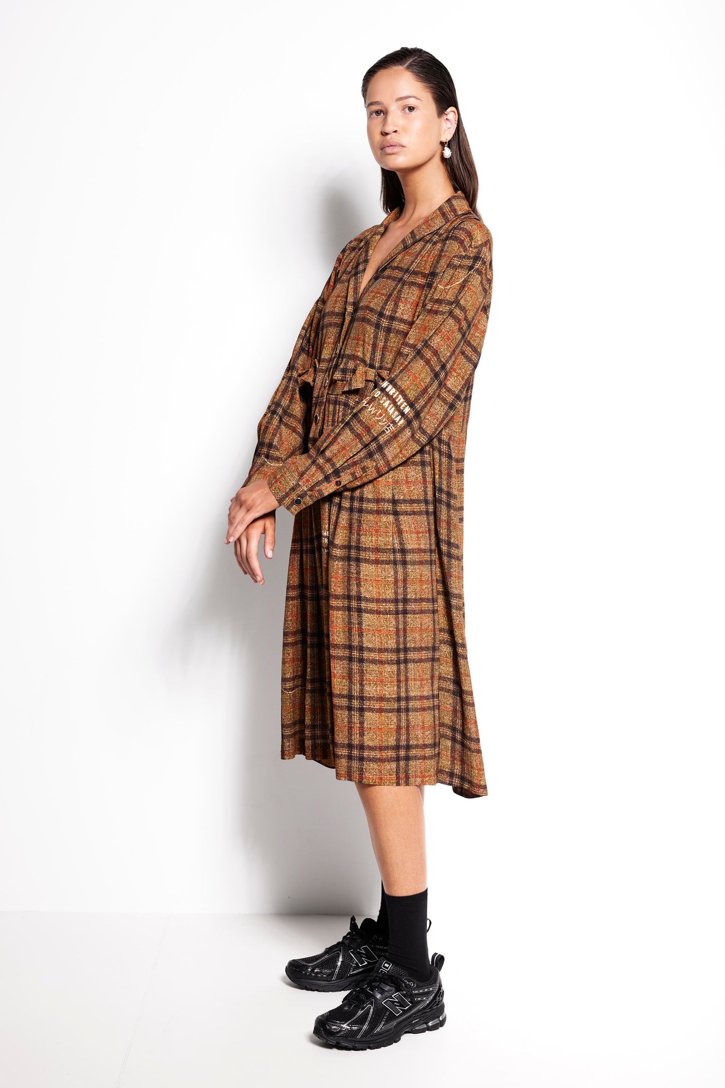 La Luna Tee Dress - Mid length long sleeve dress in brown check
