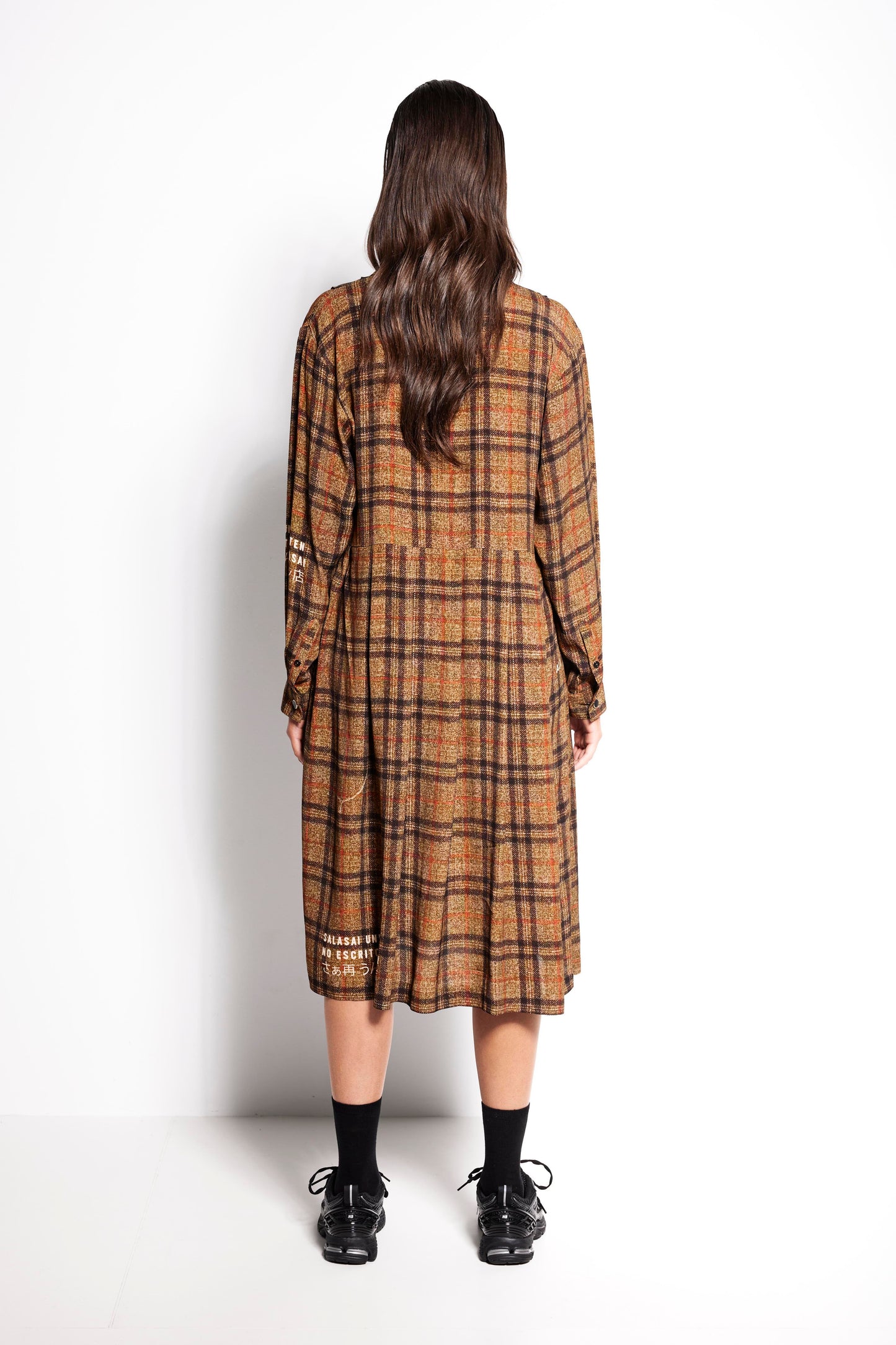 La Luna Tee Dress - Mid length long sleeve dress in brown check