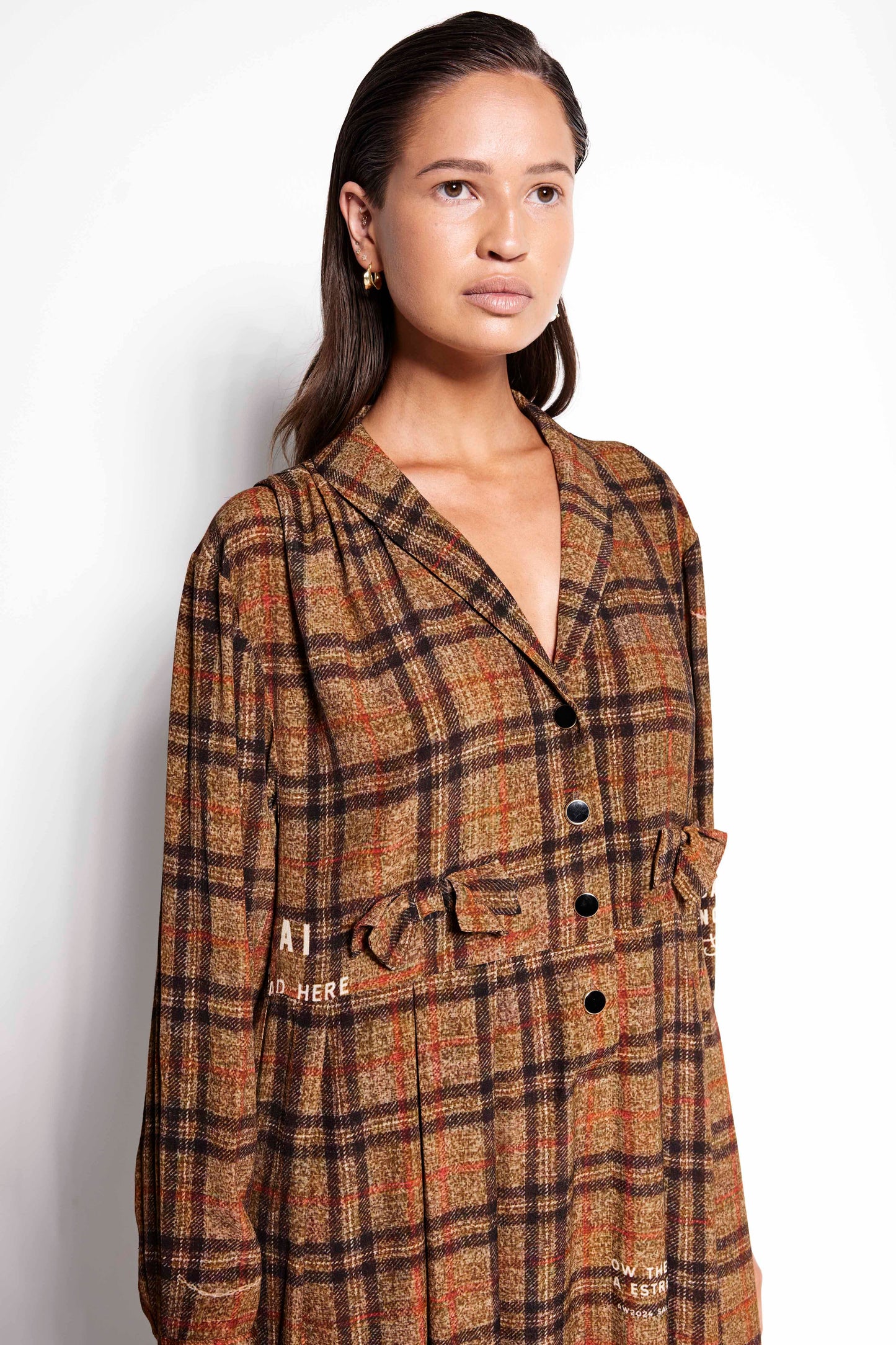 La Luna Tee Dress - Mid length long sleeve dress in brown check