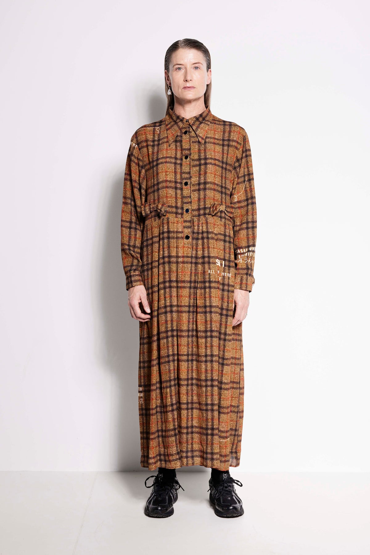 La Rosa Dress - Full length long sleeve collared dress in brown check