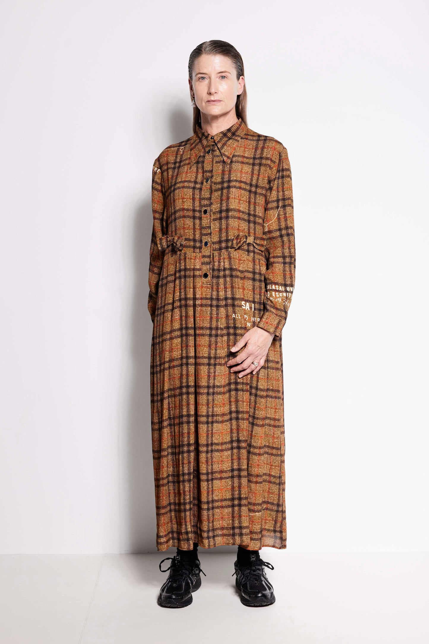La Rosa Dress - Full length long sleeve collared dress in brown check