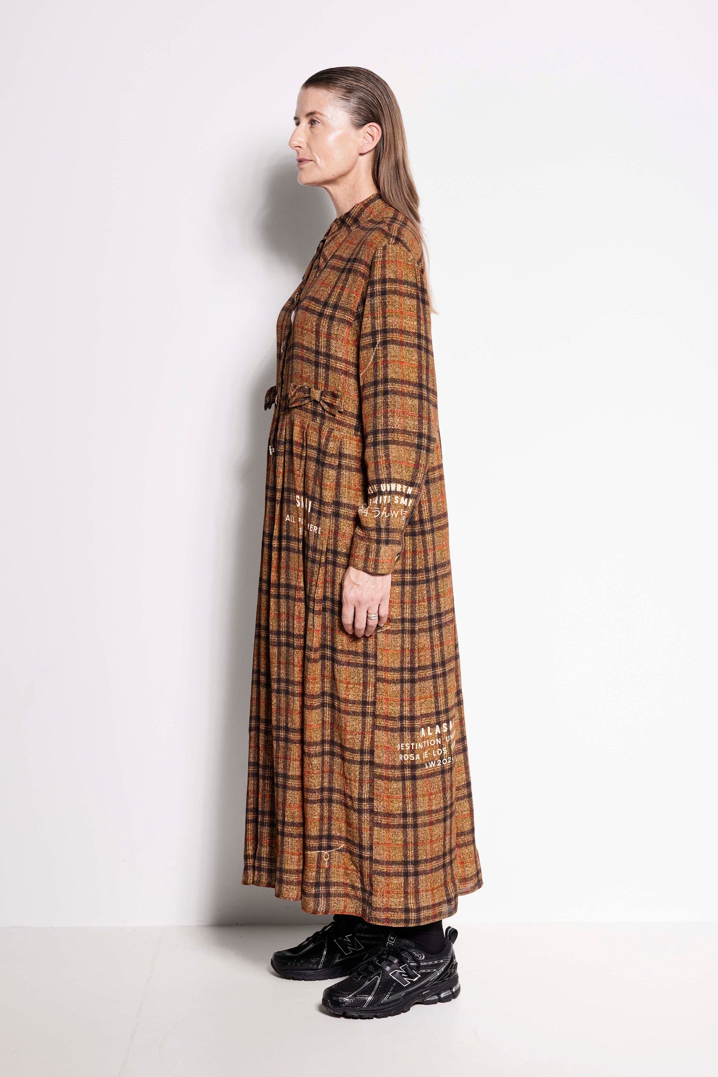 La Rosa Dress - Full length long sleeve collared dress in brown check