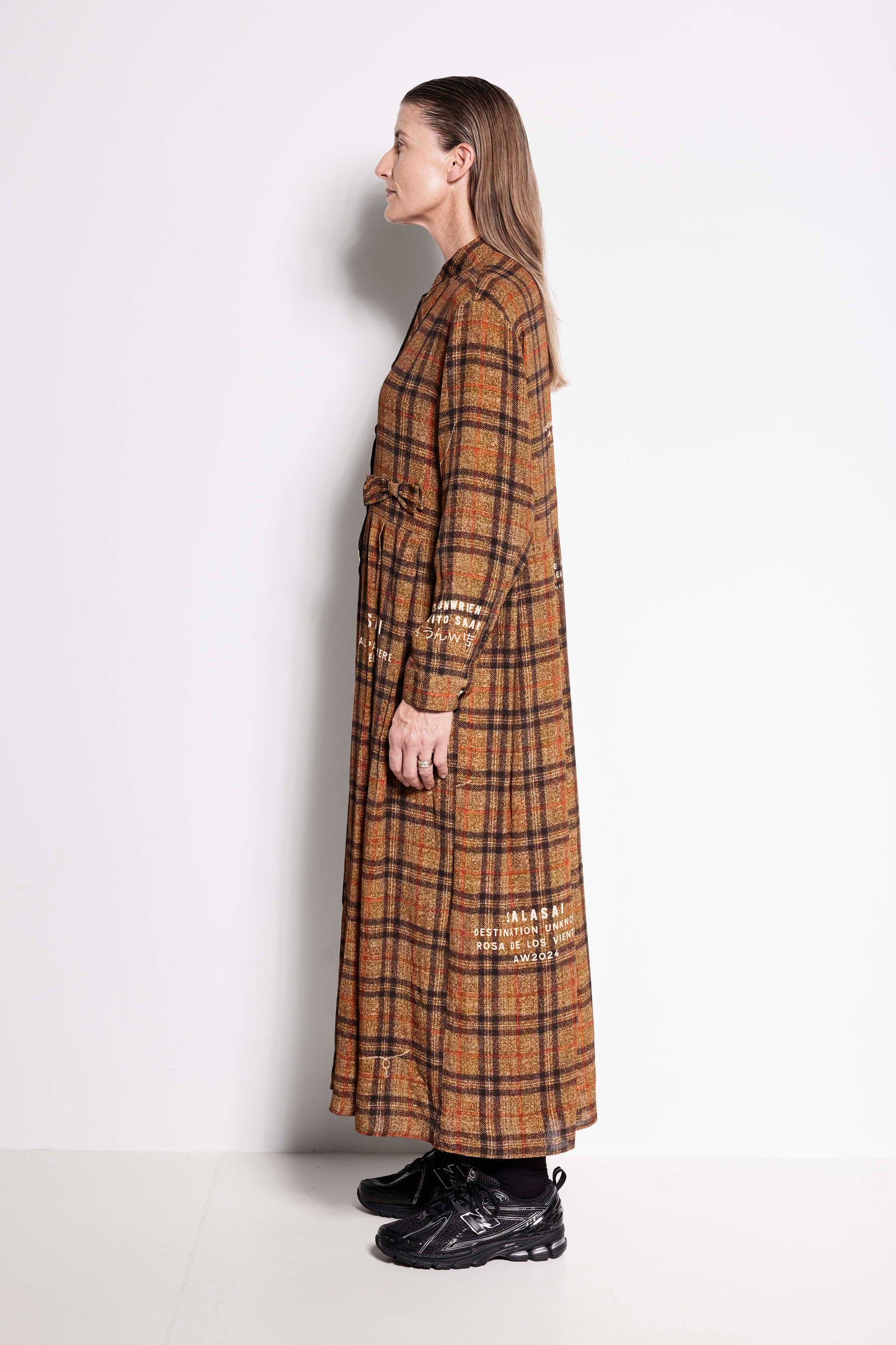 La Rosa Dress - Full length long sleeve collared dress in brown check