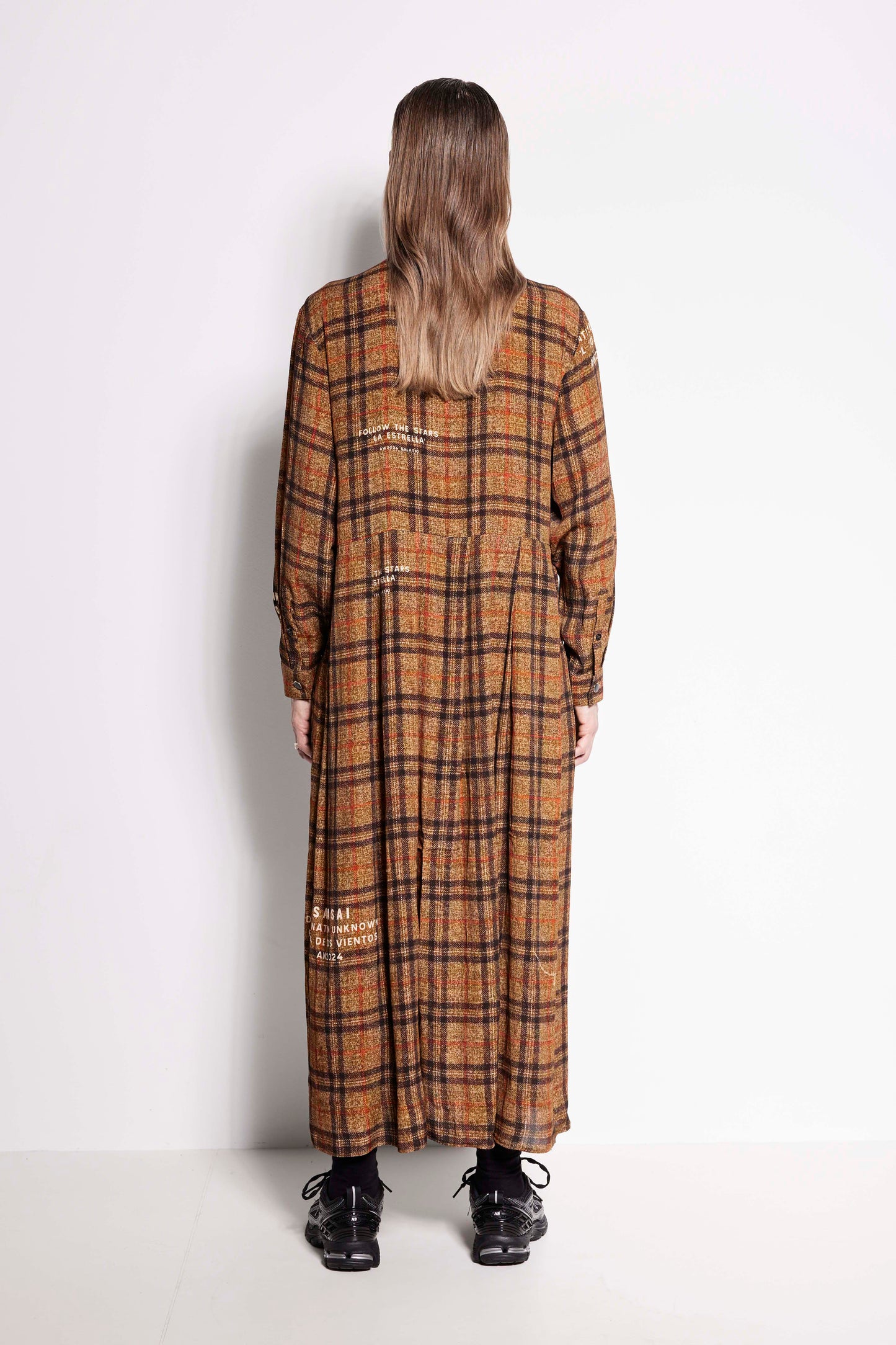 La Rosa Dress - Full length long sleeve collared dress in brown check