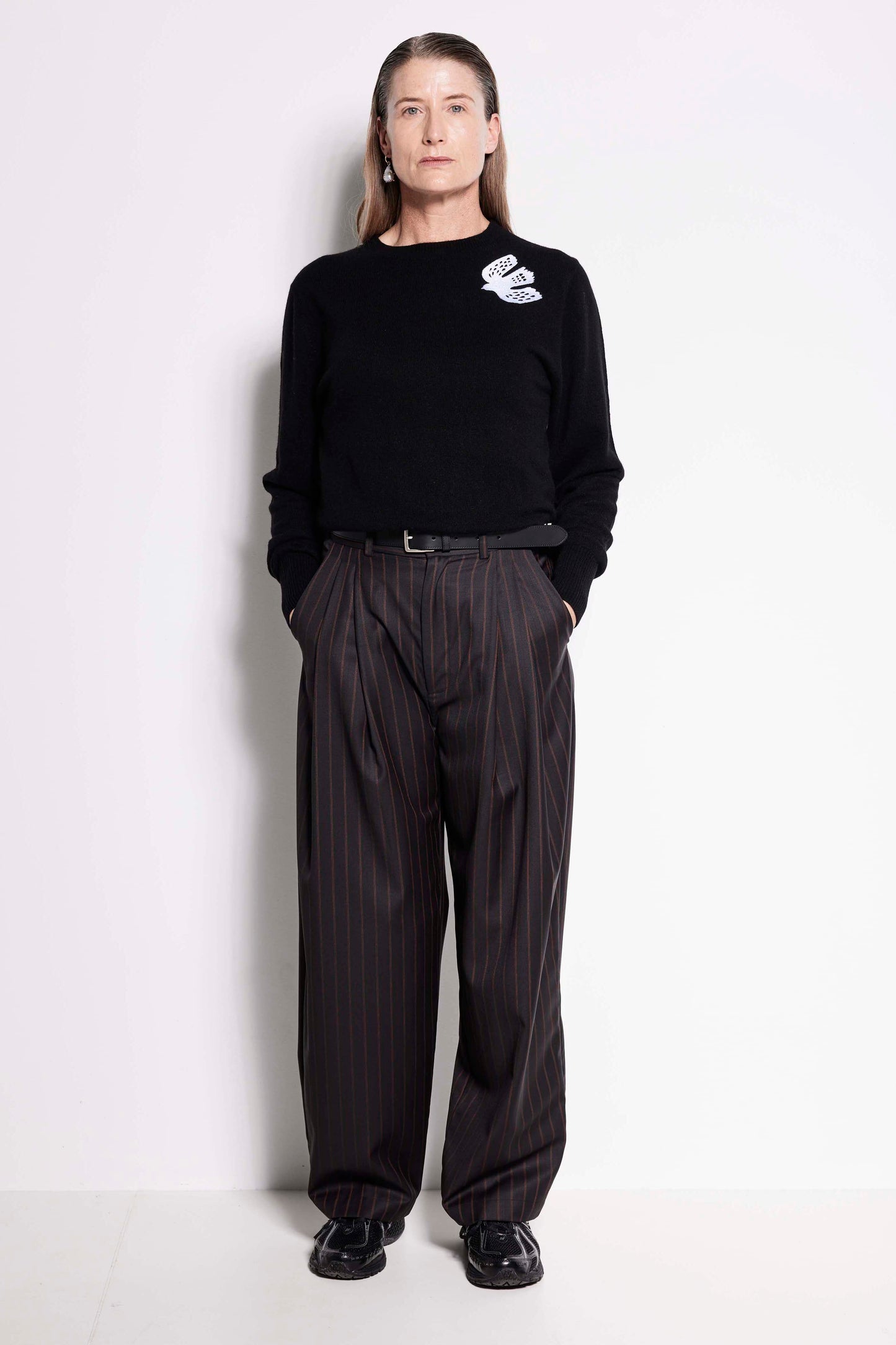 Swallow Cashmere Crew – Black long sleeve crew neck jumper with embroidery detail