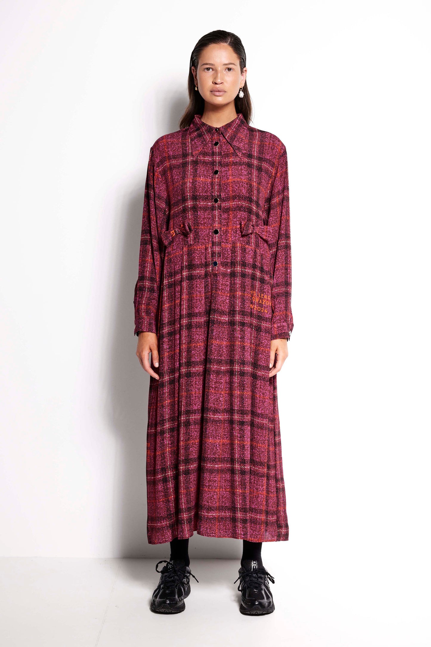 La Rosa Dress - Full length long sleeve collared dress in pink check