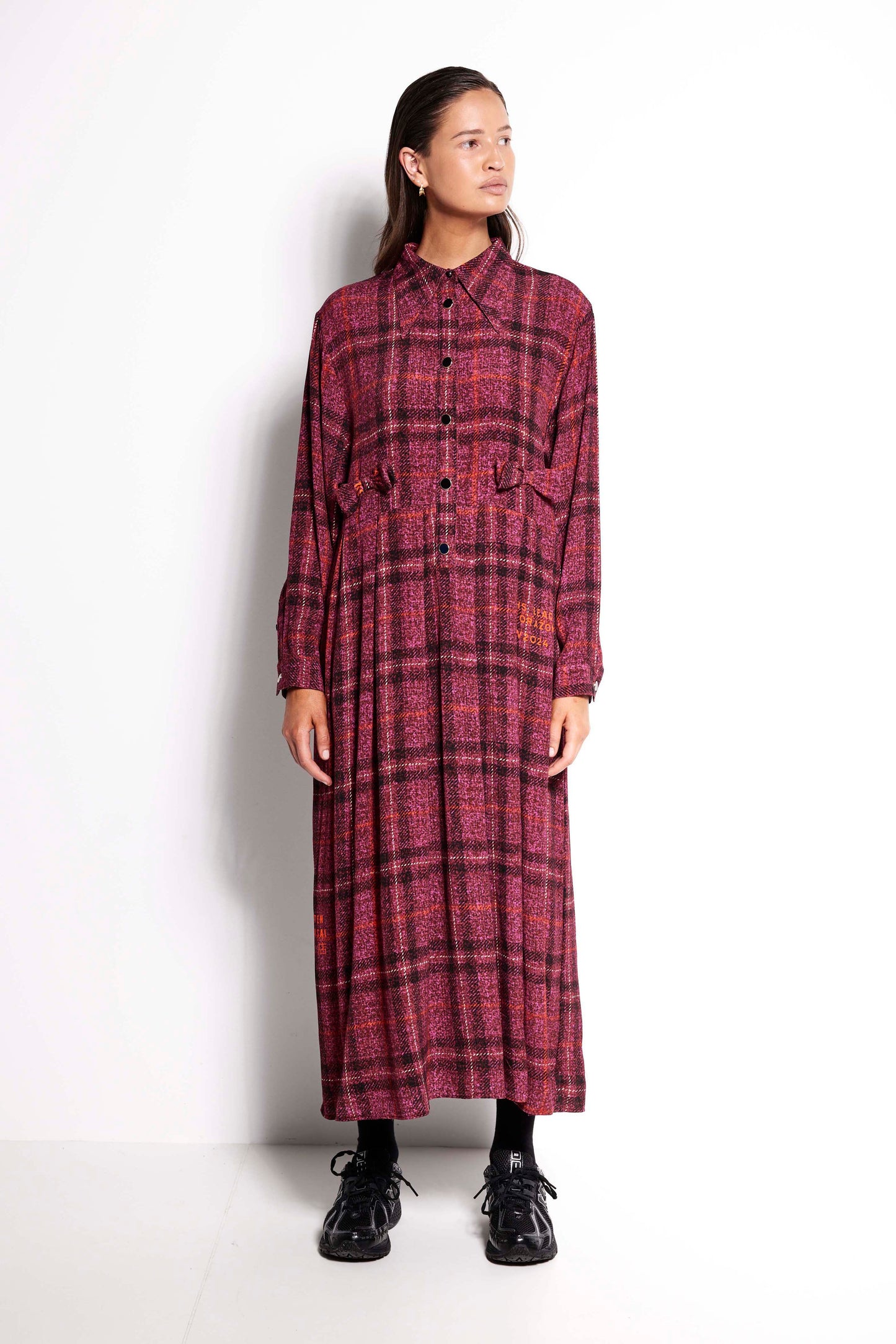La Rosa Dress - Full length long sleeve collared dress in pink check