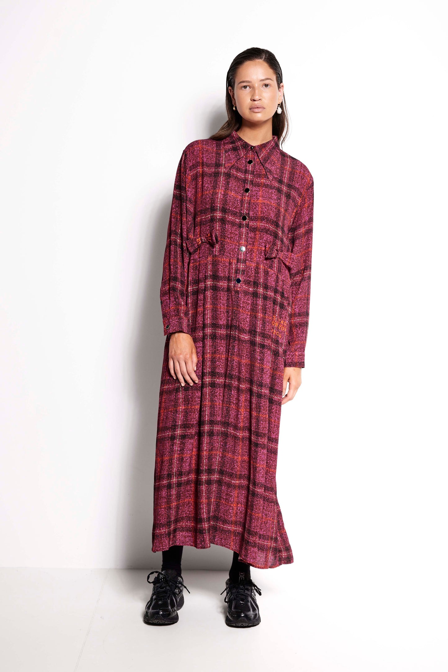 La Rosa Dress - Full length long sleeve collared dress in pink check