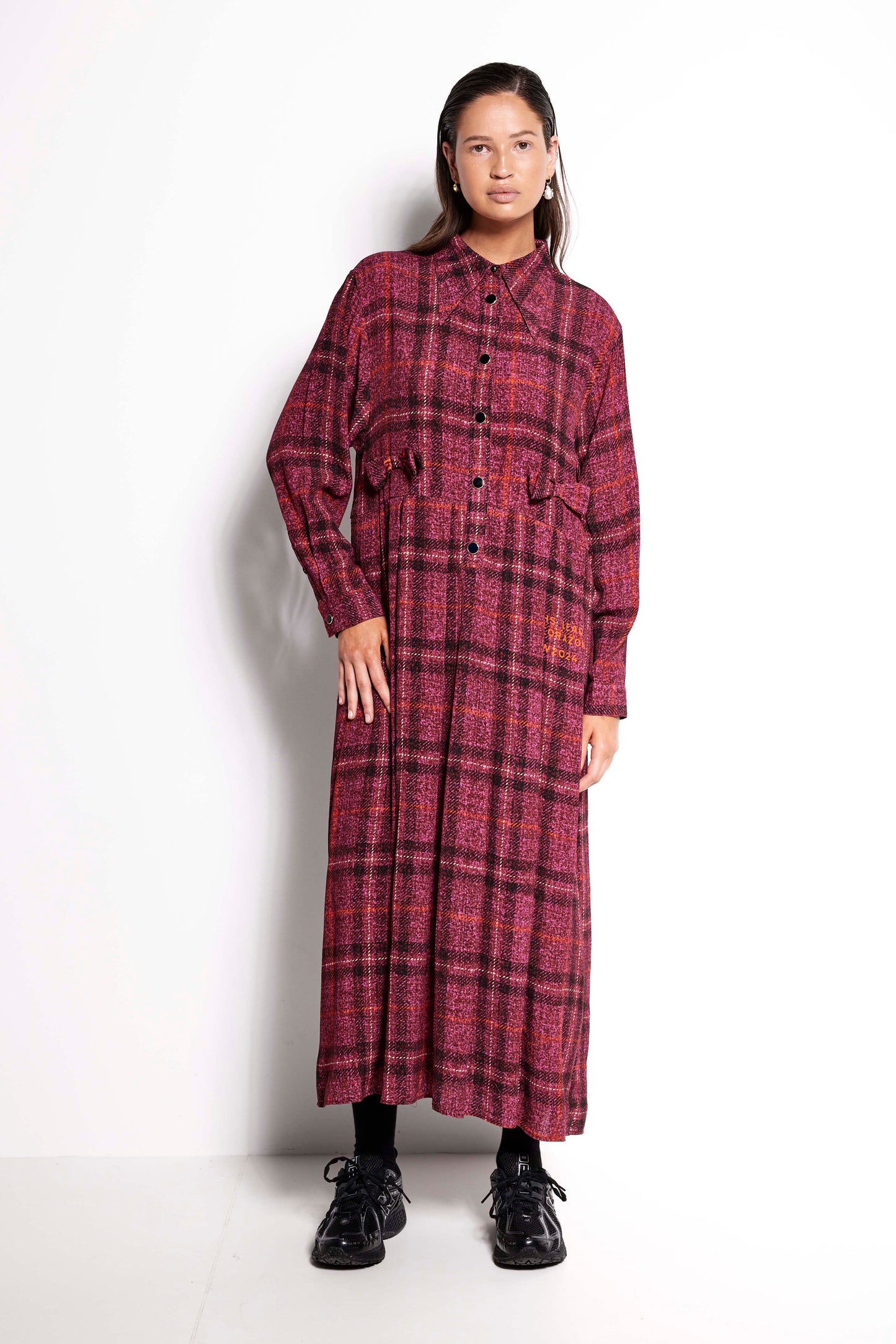 La Rosa Dress - Full length long sleeve collared dress in pink check