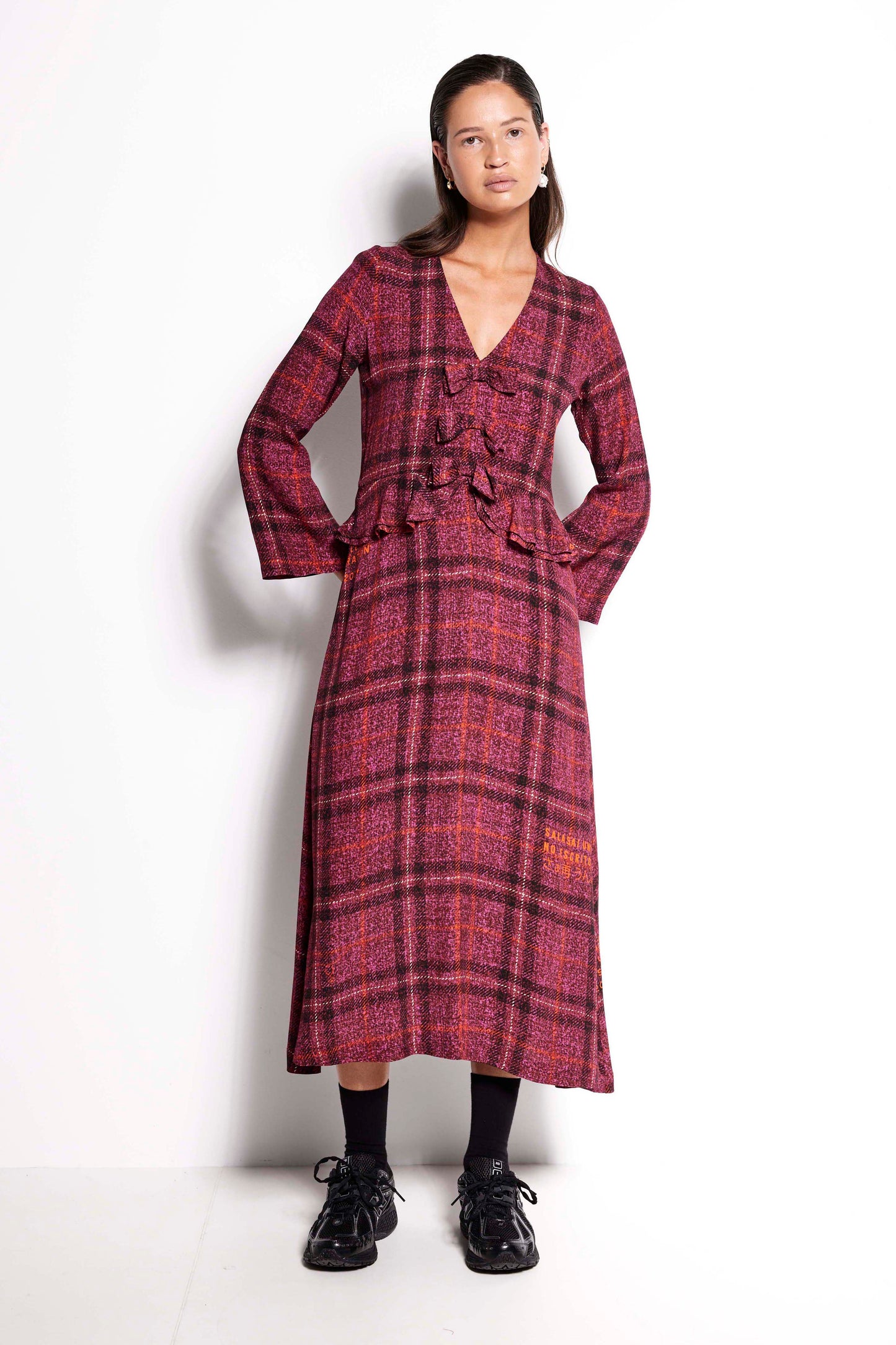 Bow Tie Dress - Full length V-neck flute sleeve dress