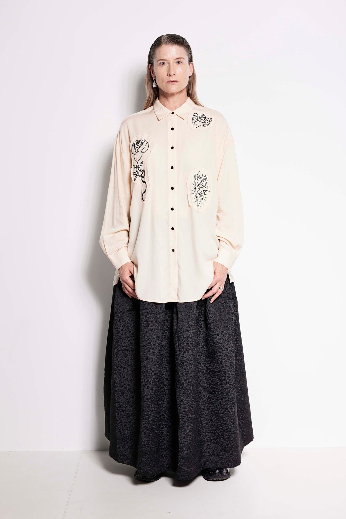 Compass Rose Shirt - Unisex button up shirt in cream with black embroidery
