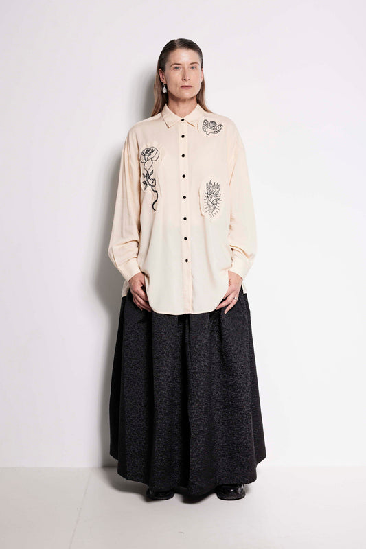 Compass Rose Shirt - Unisex button up shirt in cream with black embroidery