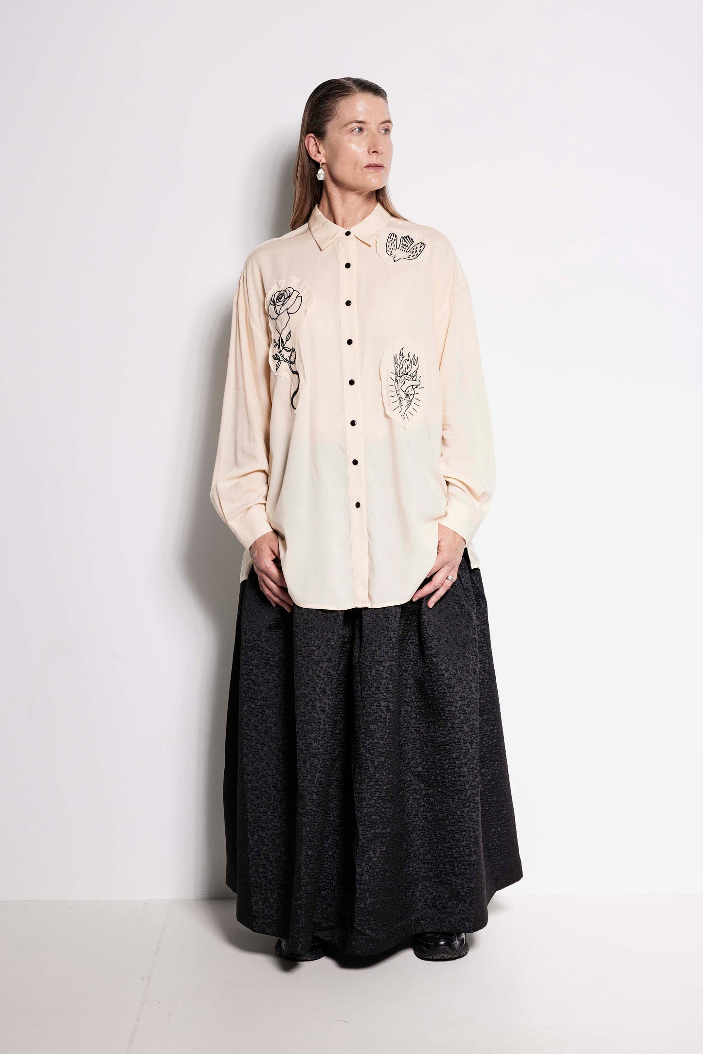 Compass Rose Shirt - Unisex button up shirt in cream with black embroidery