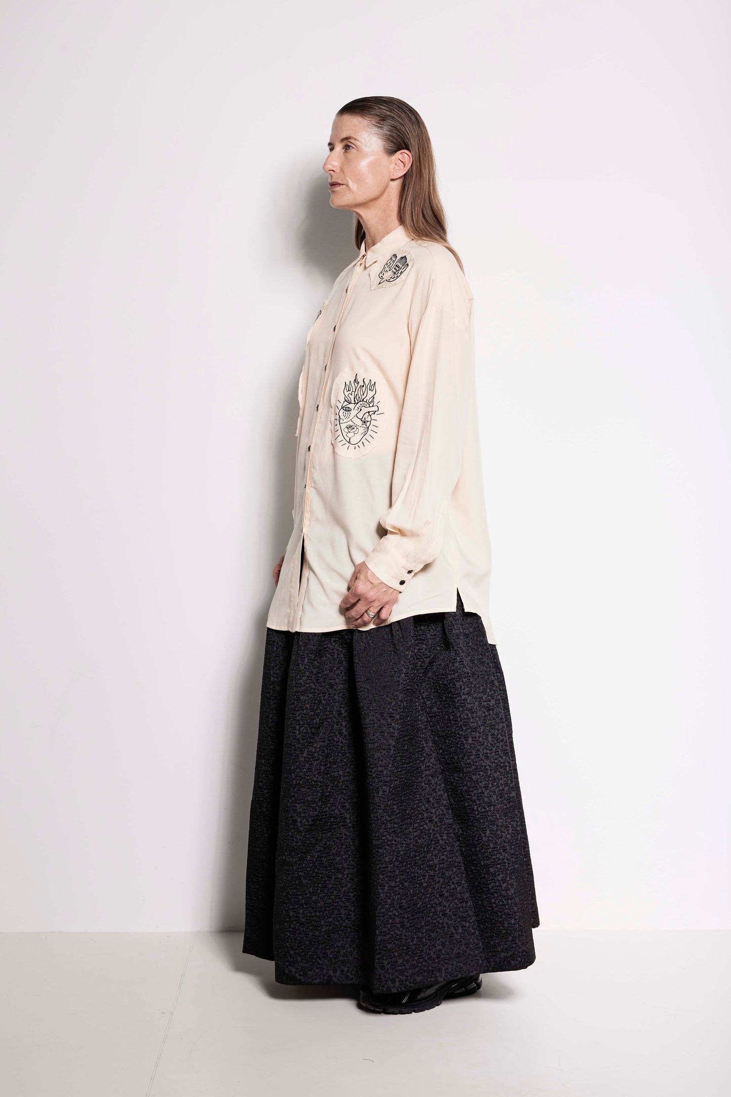 Compass Rose Shirt - Unisex button up shirt in cream with black embroidery