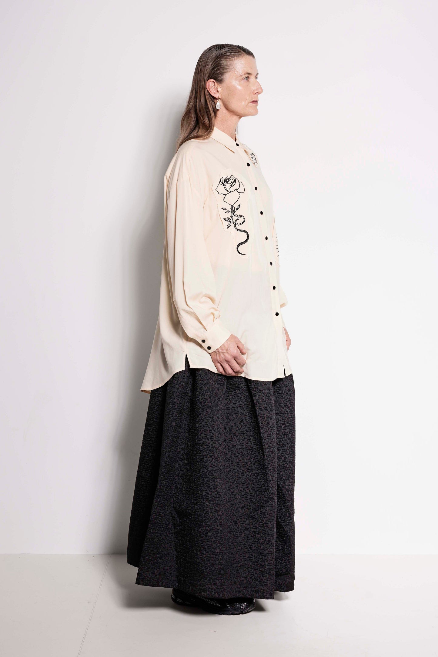 Compass Rose Shirt - Unisex button up shirt in cream with black embroidery