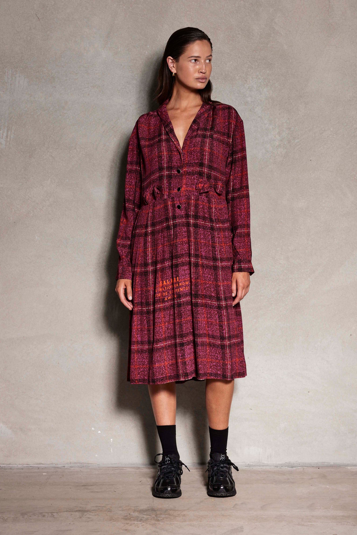 La Luna Tee Dress - Mid length long sleeve dress in pink check