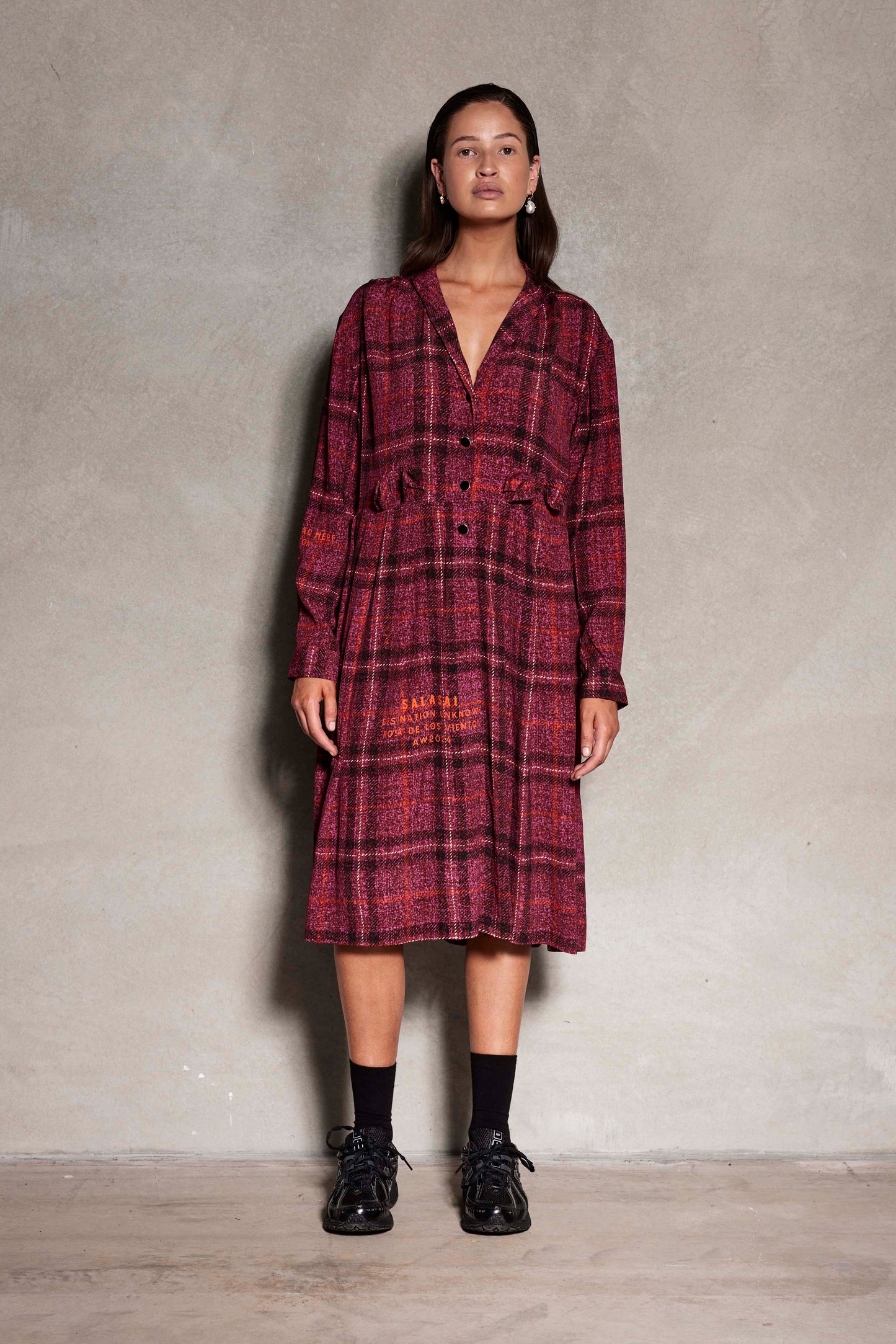 La Luna Tee Dress - Mid length long sleeve dress in pink check