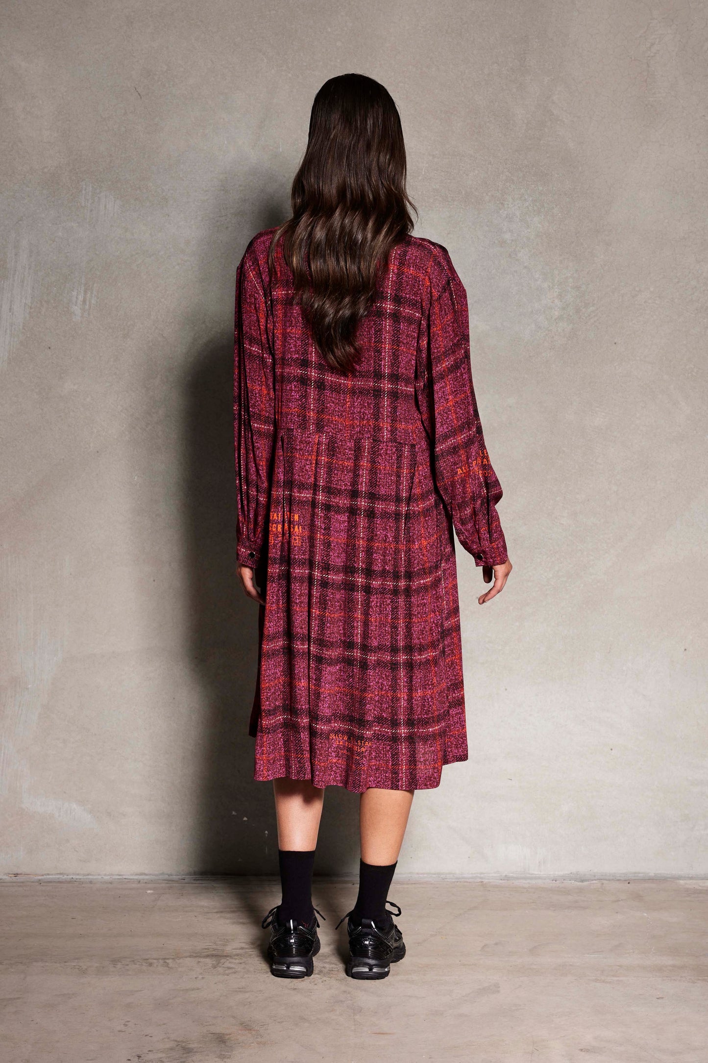 La Luna Tee Dress - Mid length long sleeve dress in pink check