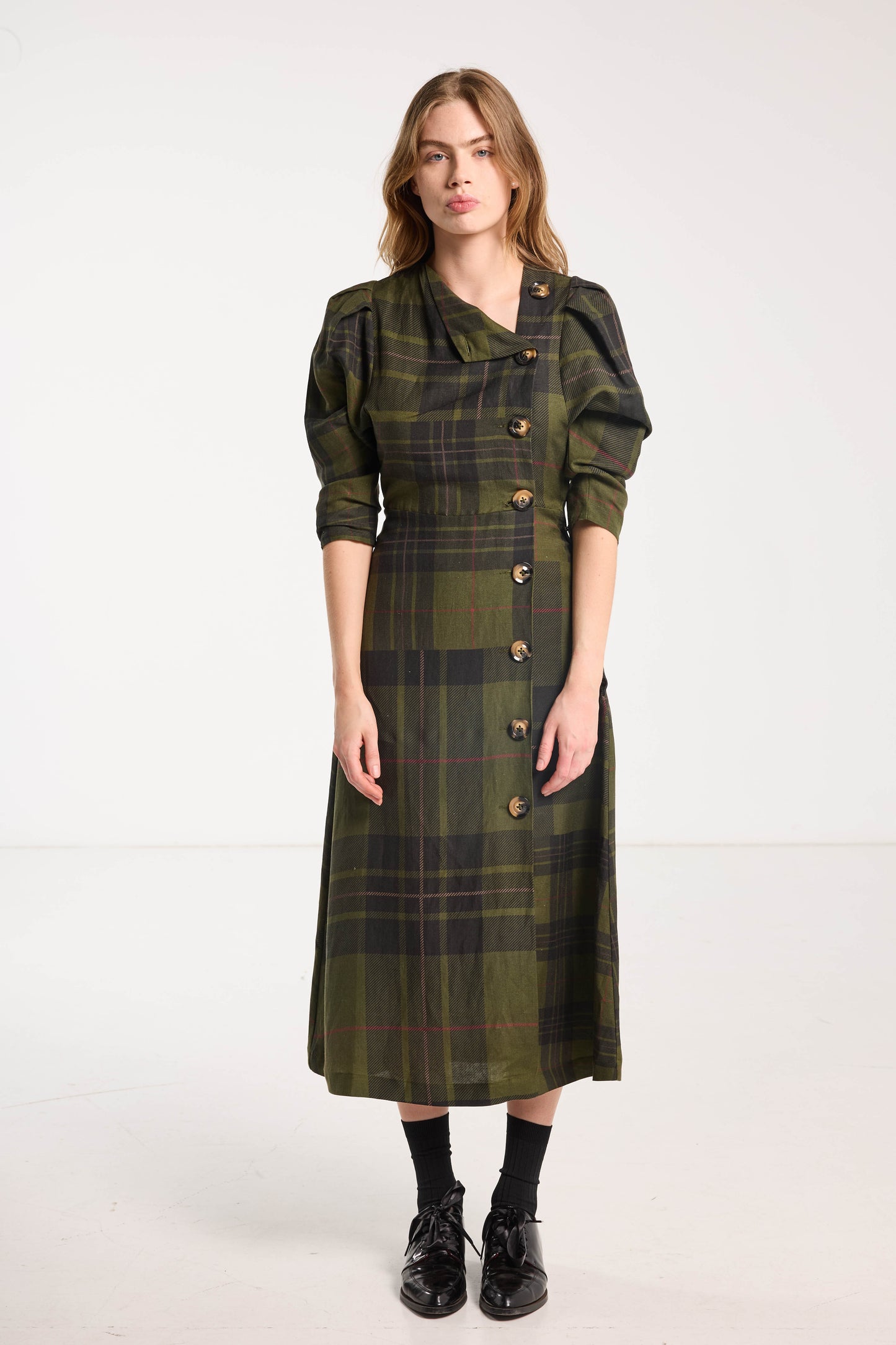Beloved Button Dress - Forest Green Check Linen