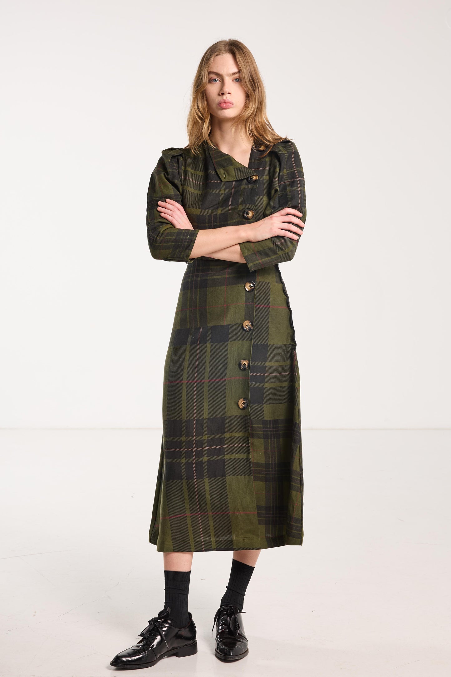 Beloved Button Dress - Forest Green Check Linen