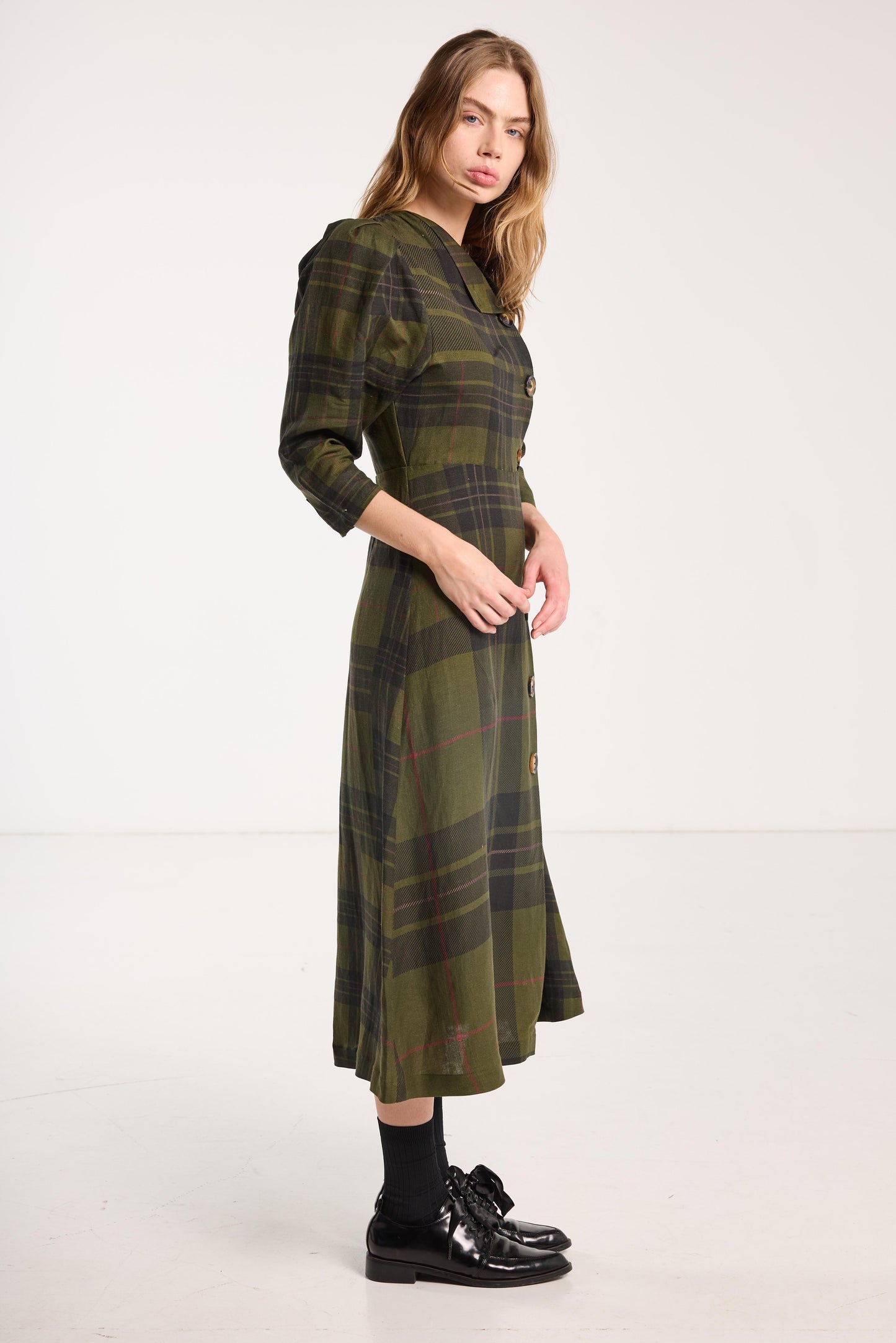 Beloved Button Dress - Forest Green Check Linen