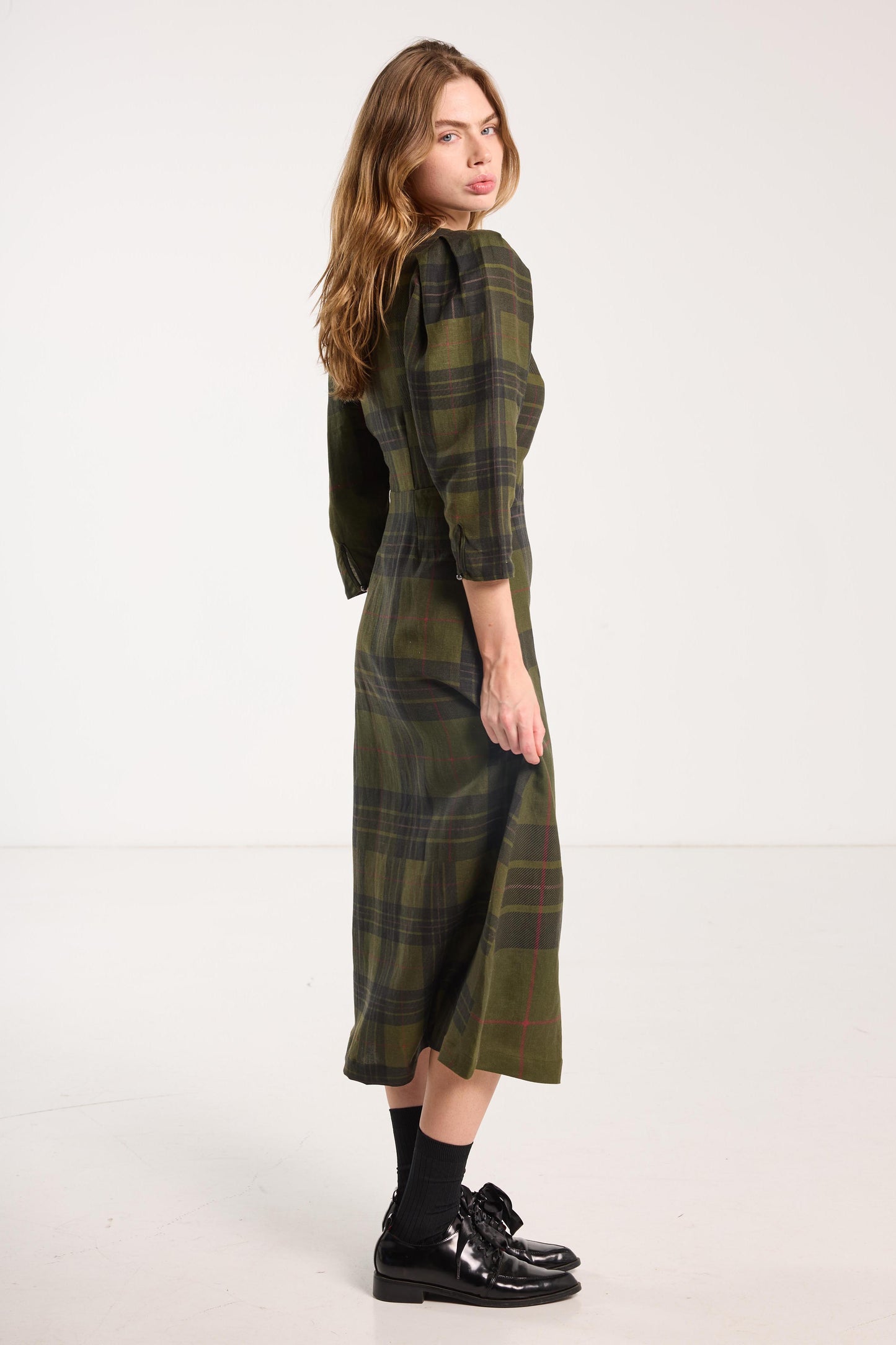 Beloved Button Dress - Forest Green Check Linen