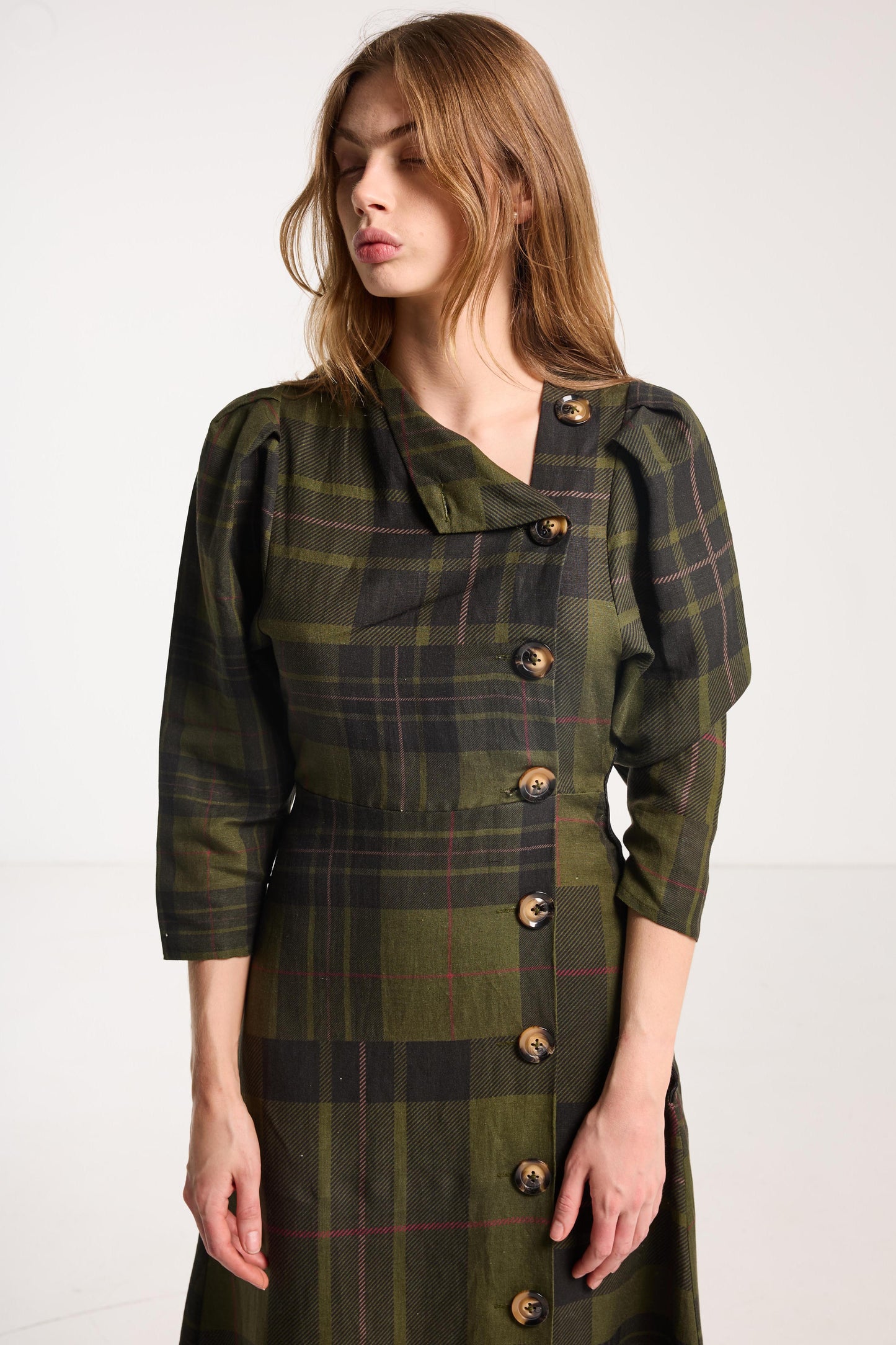 Beloved Button Dress - Forest Green Check Linen