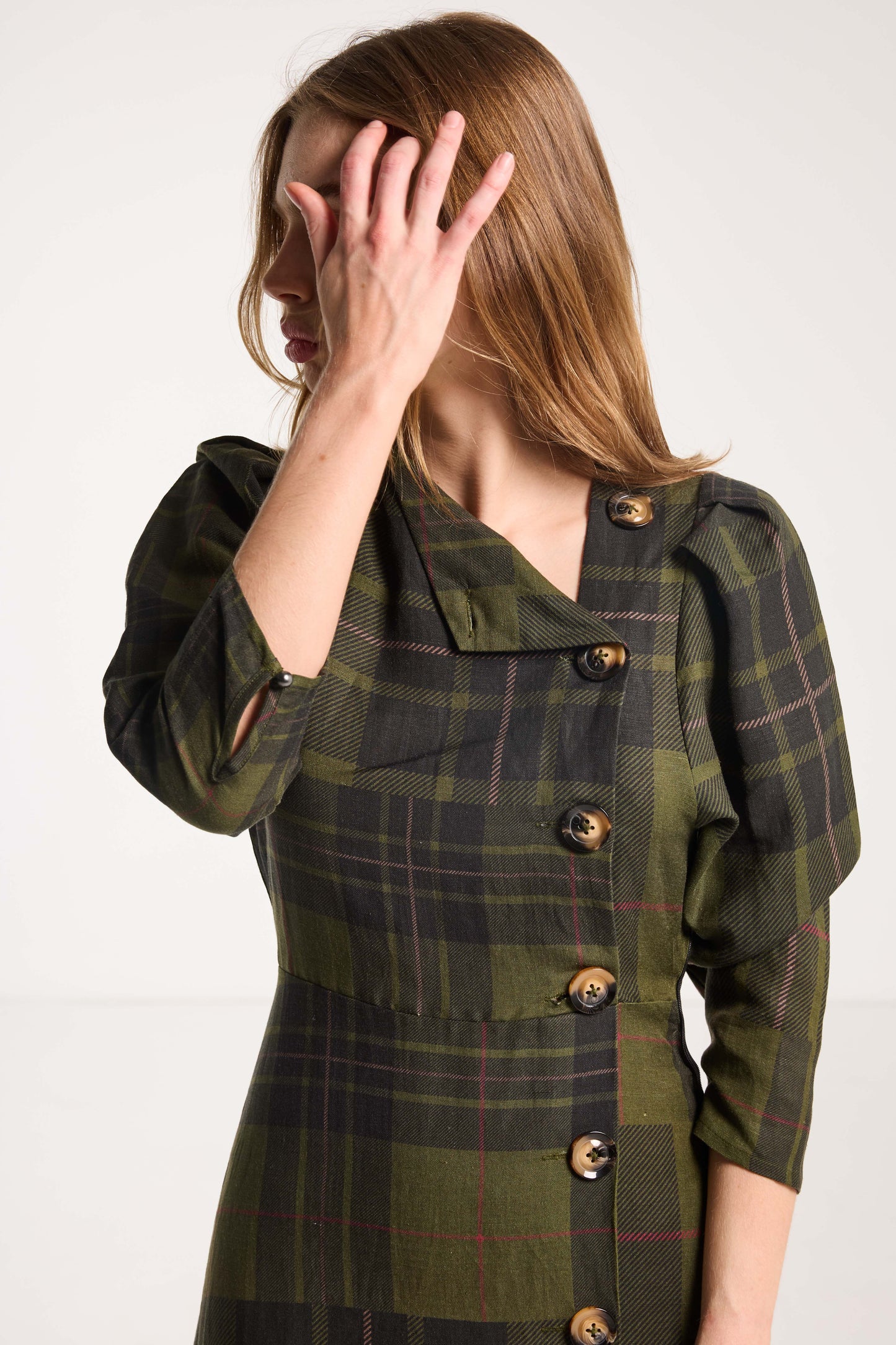 Beloved Button Dress - Forest Green Check Linen