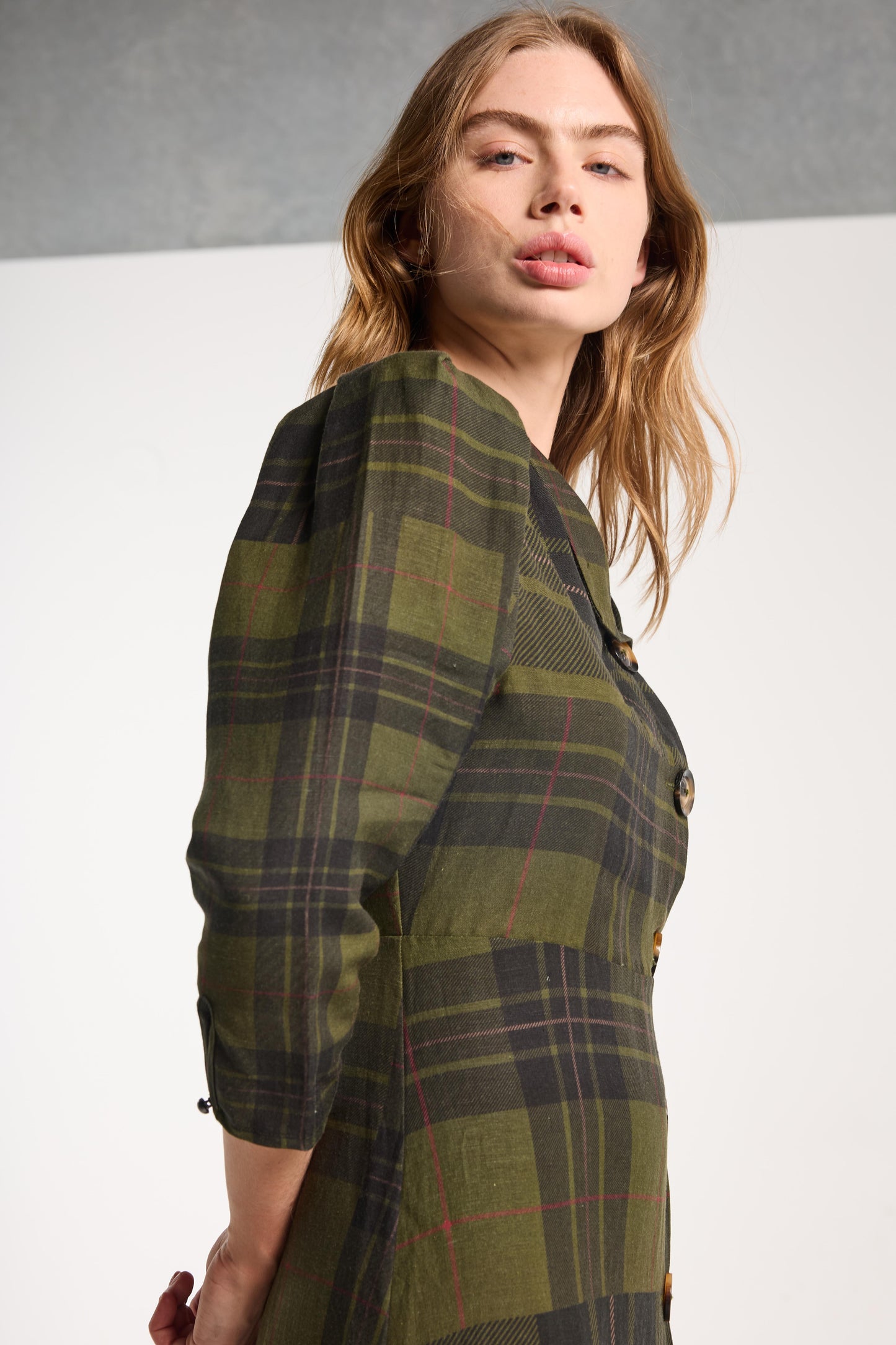 Beloved Button Dress - Forest Green Check Linen