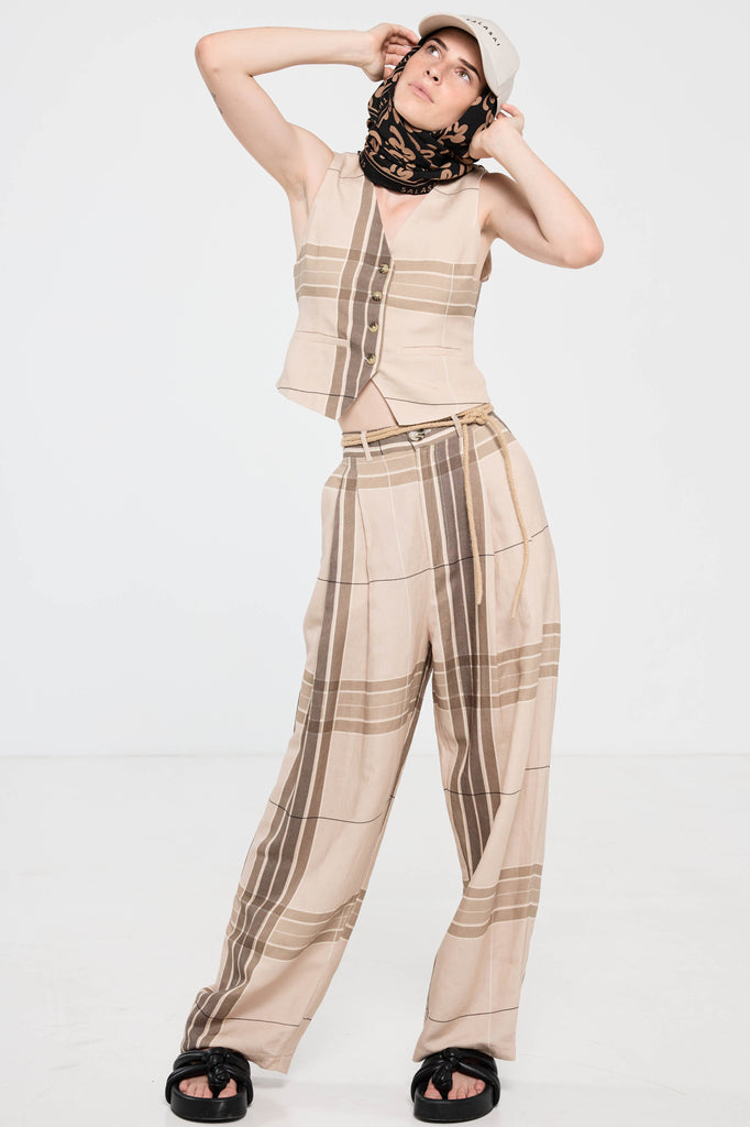 Palazzo Pant - Camel Check Linen