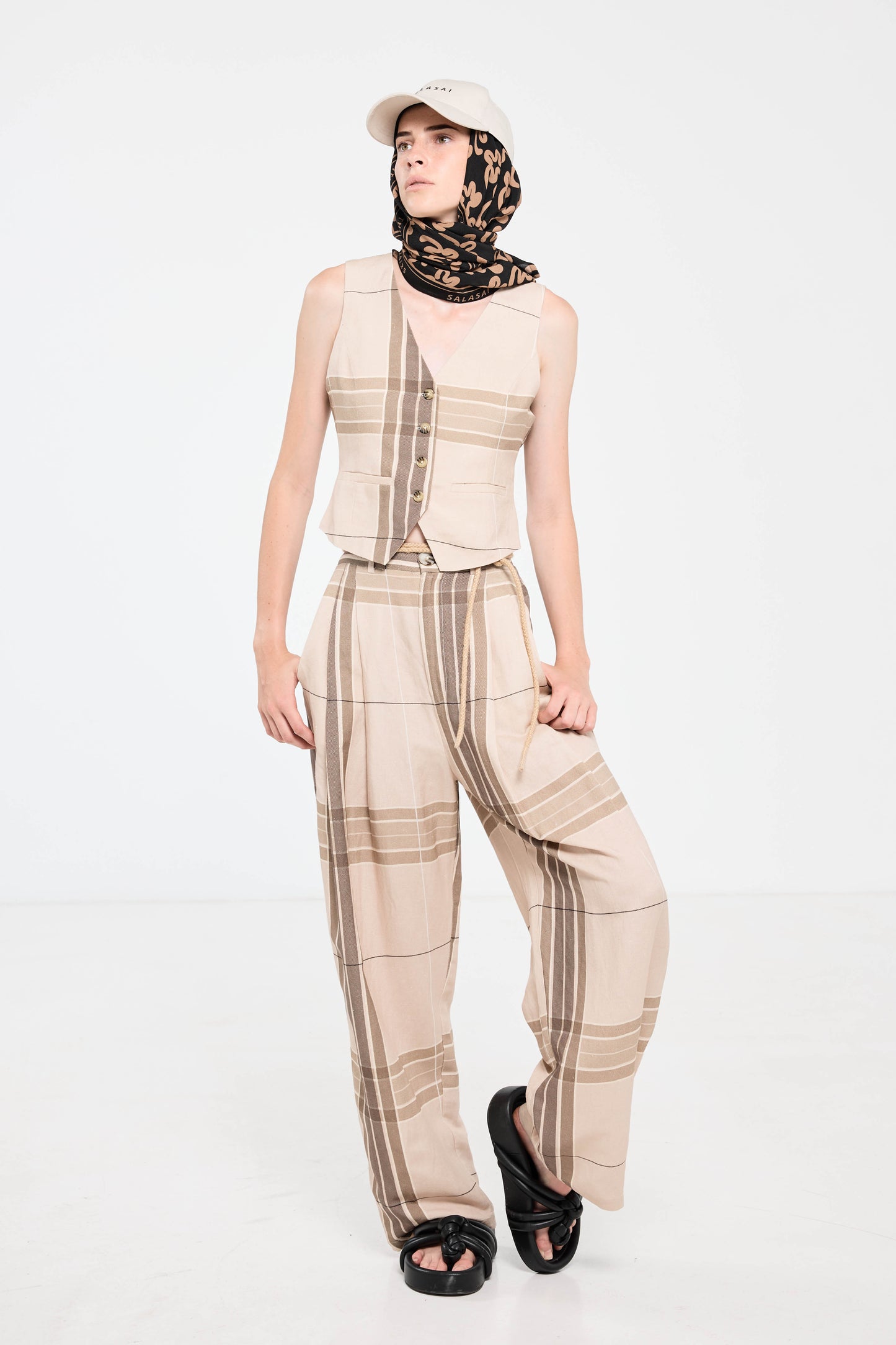 Palazzo Pant - Camel Check Linen