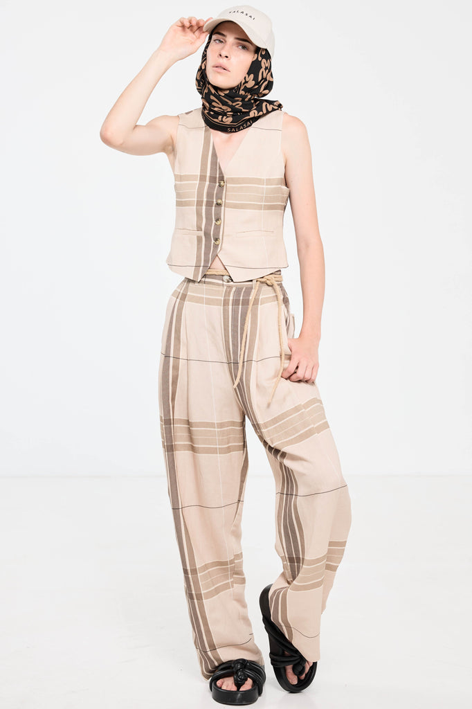 Palazzo Waistcoat - Beige Plaid Linen