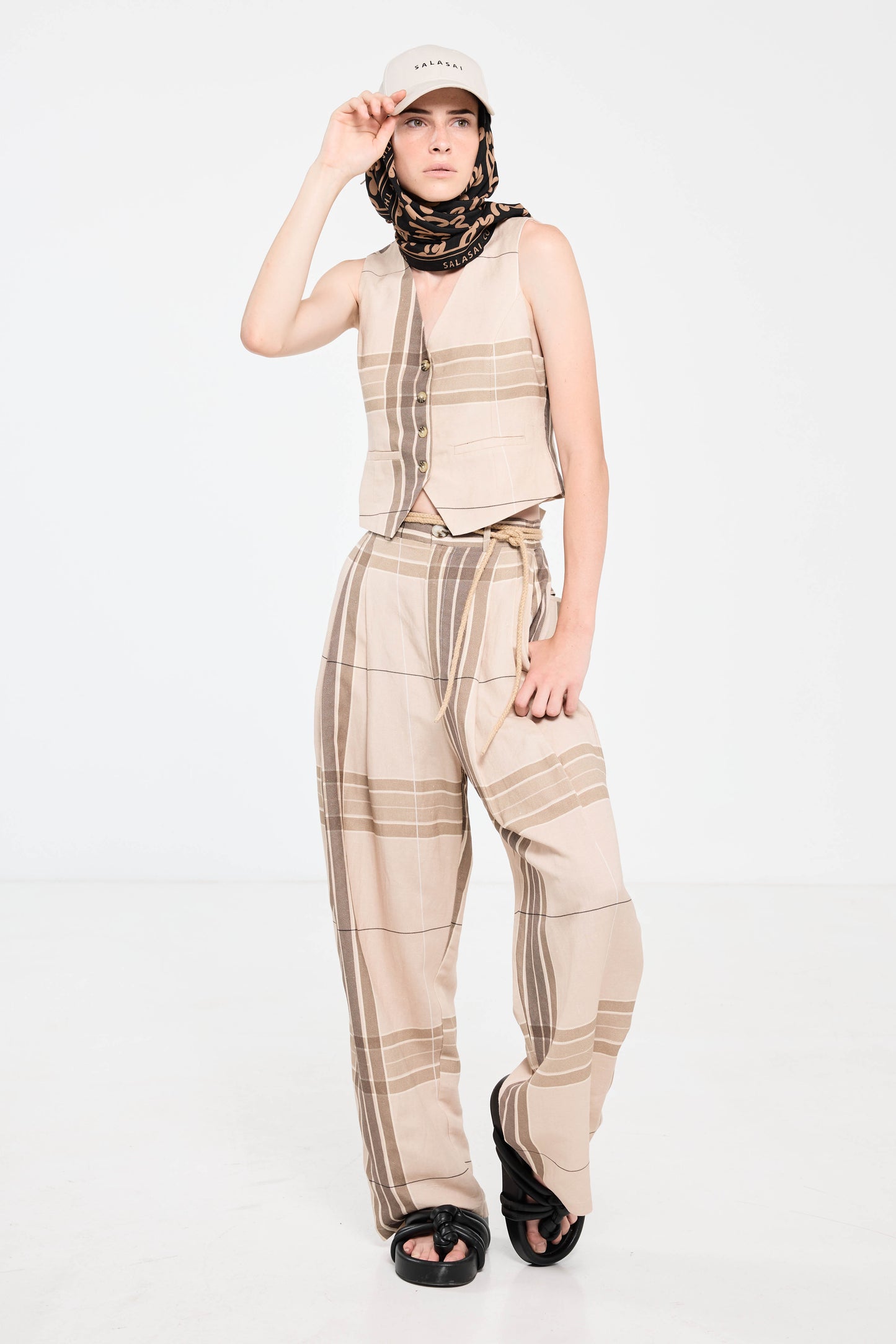 Palazzo Pant - Camel Check Linen