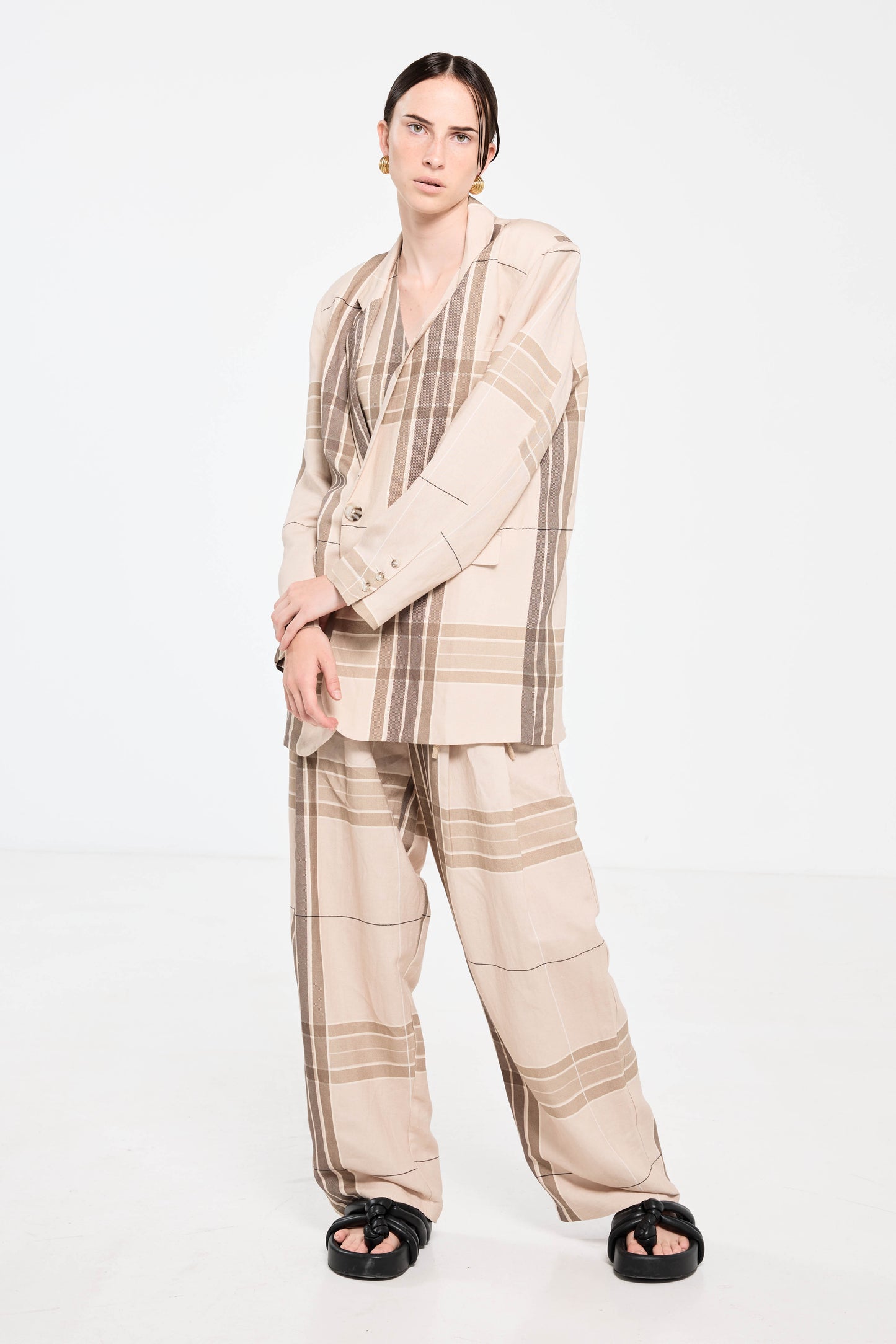 Palazzo Blazer - Camel Check Linen