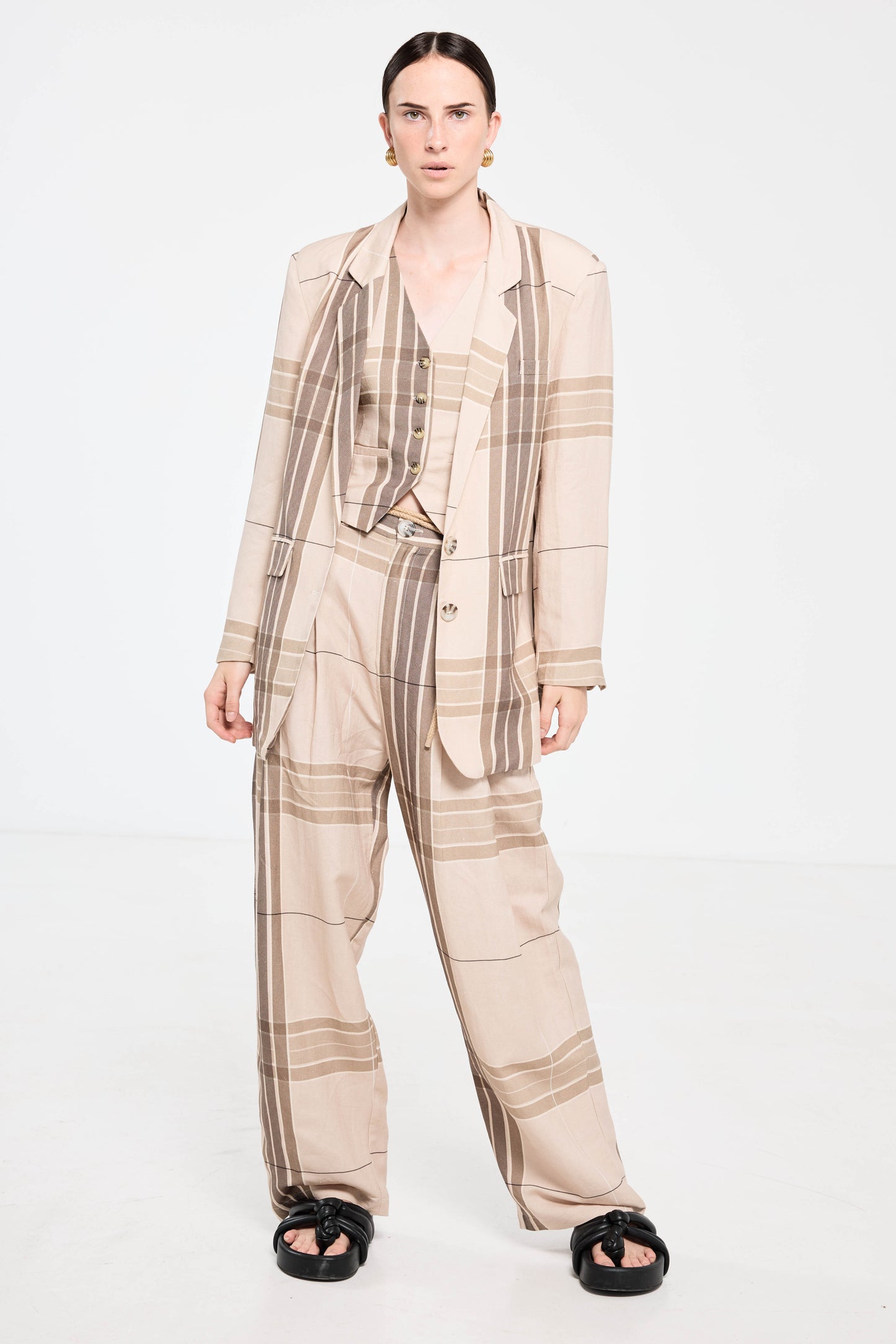 Palazzo Blazer - Camel Check Linen