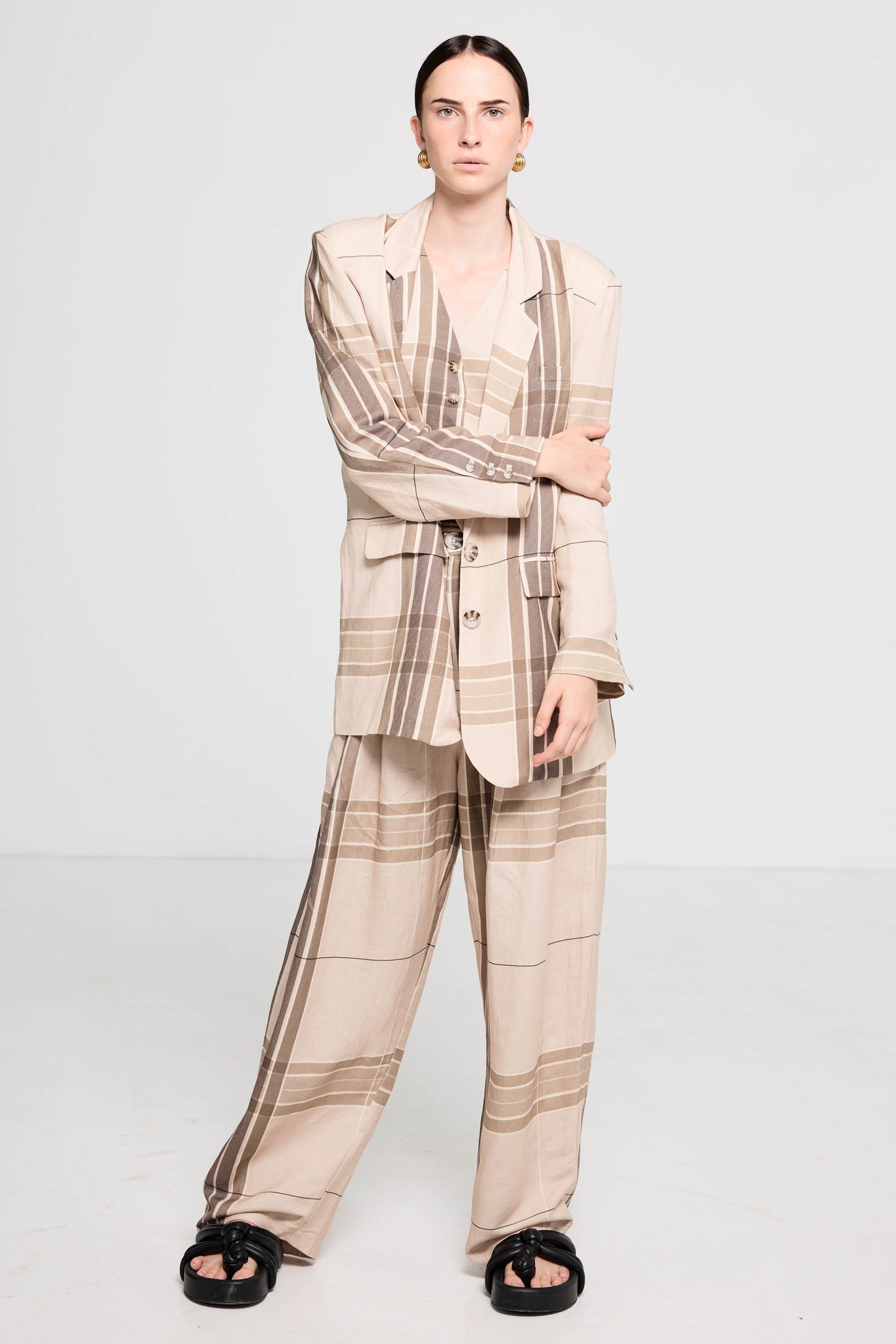 Palazzo Blazer - Camel Check Linen